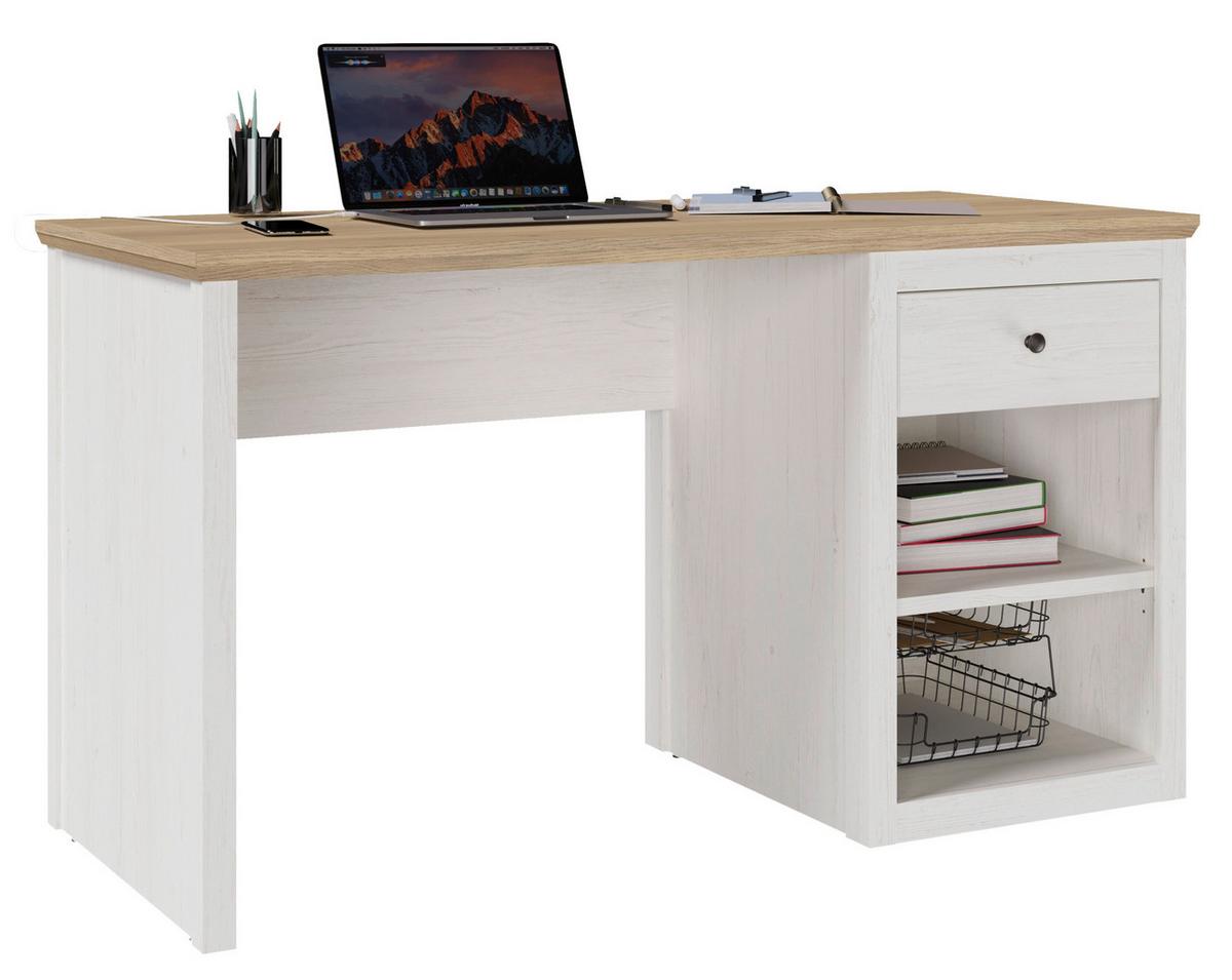 Schreibtisch Korsika Eiche-/Kieferfarben - Eichefarben/Schwarz, ROMANTIK / LANDHAUS, Holzwerkstoff/Metall (136/60/76cm) - Mömax