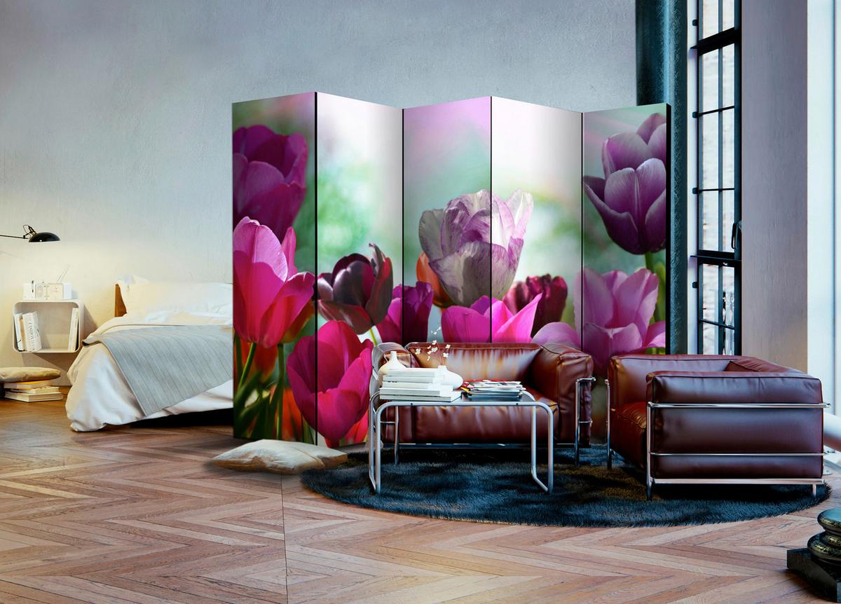 Paravan Beautiful Tulips I, 5-Delni, Dvostranski - pink/zelena, Basics, tekstil/les (225/172/3cm) - artgeist