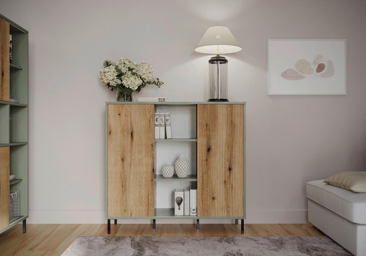 Comodă POZZI - culoare lemn stejar/verde gri, Trend, material pe bază de lemn (111,6/105,2/40cm) - Modern Living