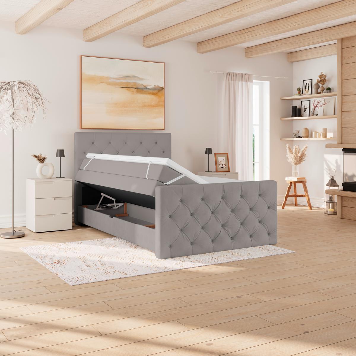 Boxspring Krevet Elio - srebrne boje/bež, Romantično / ladanjski, tekstil/plastika (140/200cm) - Modern Living
