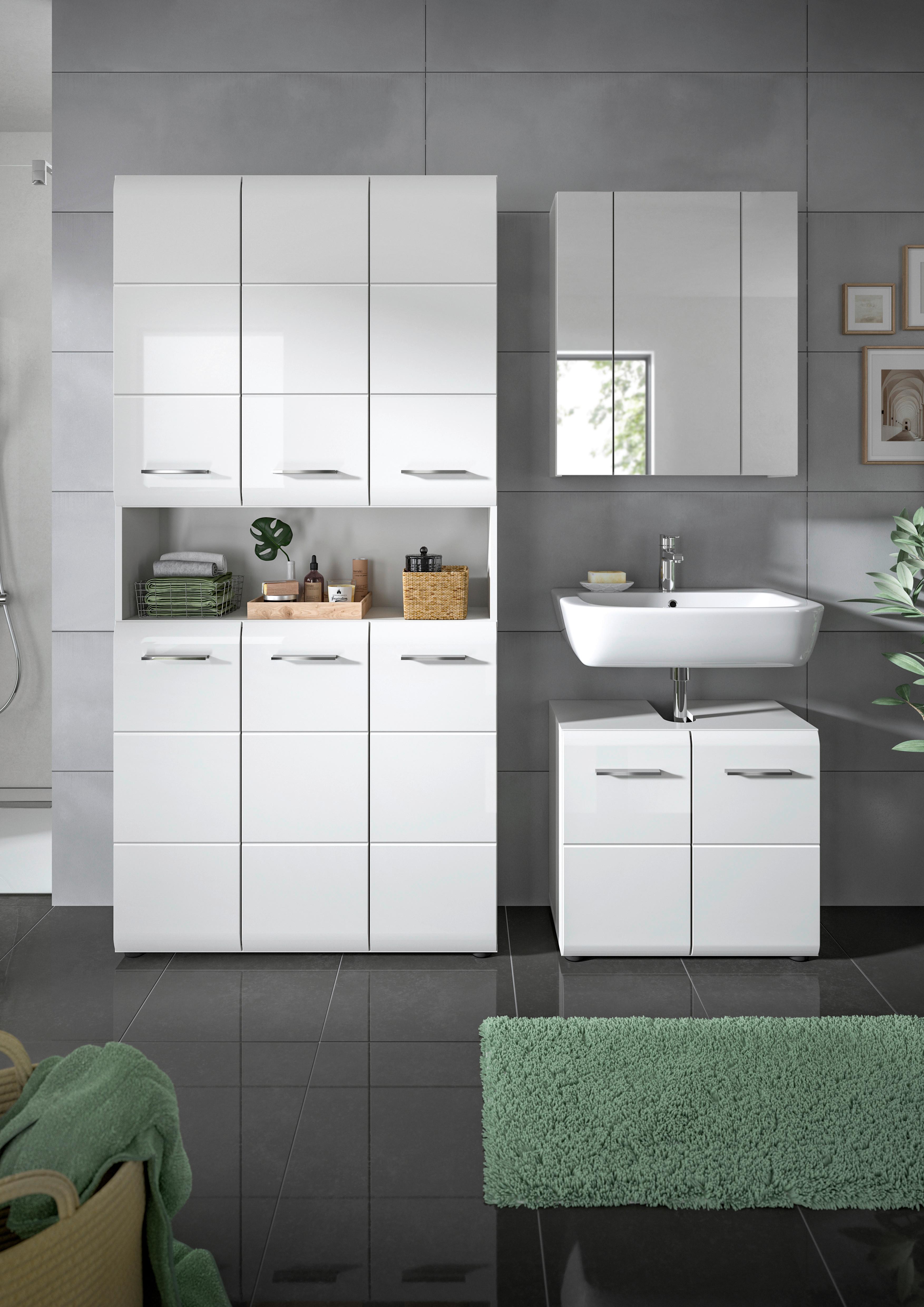 Badezimmer Ice 3-tlg. ca. 150 cm Weiß - Weiß Hochglanz/Silberfarben, MODERN, Holzwerkstoff/Kunststoff (150cm) - MID.YOU