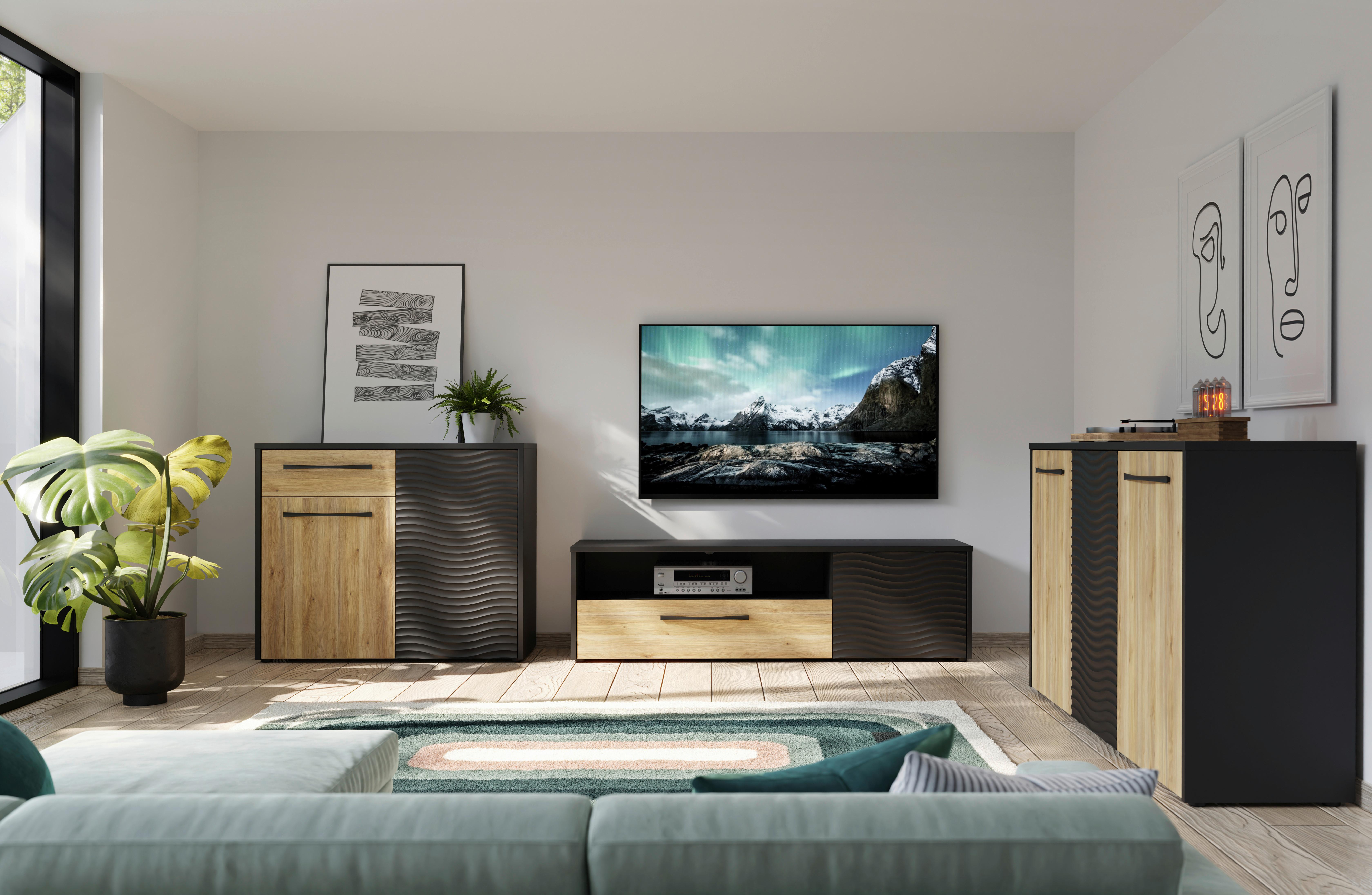 Comodă TV KARLSHAMN - culoare lemn stejar/negru, Modern, material pe bază de lemn (164,2/47,2/42cm) - Modern Living
