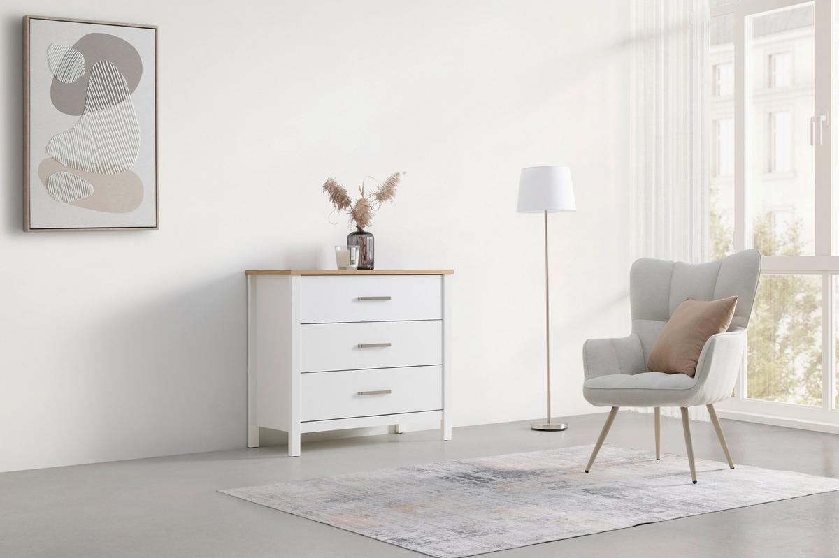 Kommode Sicilia Weiß/Eiche - Silberfarben/Weiß, ROMANTIK / LANDHAUS, Holzwerkstoff/Metall (103/92/45cm) - Mömax