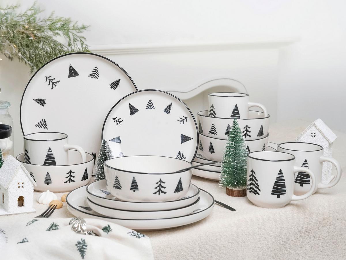 Kombiservice Nordic Christmas Black Schwarz/Weiß, 16-tlg. - Schwarz/Weiß, Basics, Keramik - Creatable