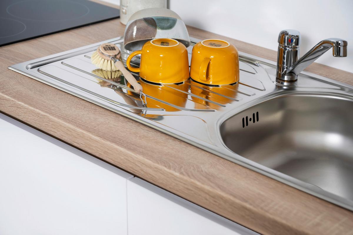 Küchenzeile Premium m. Geräte Weiß/Eiche B: ca. 395 cm - Eichefarben/Weiß Hochglanz, Basics, Holzwerkstoff (395cm) - Respekta