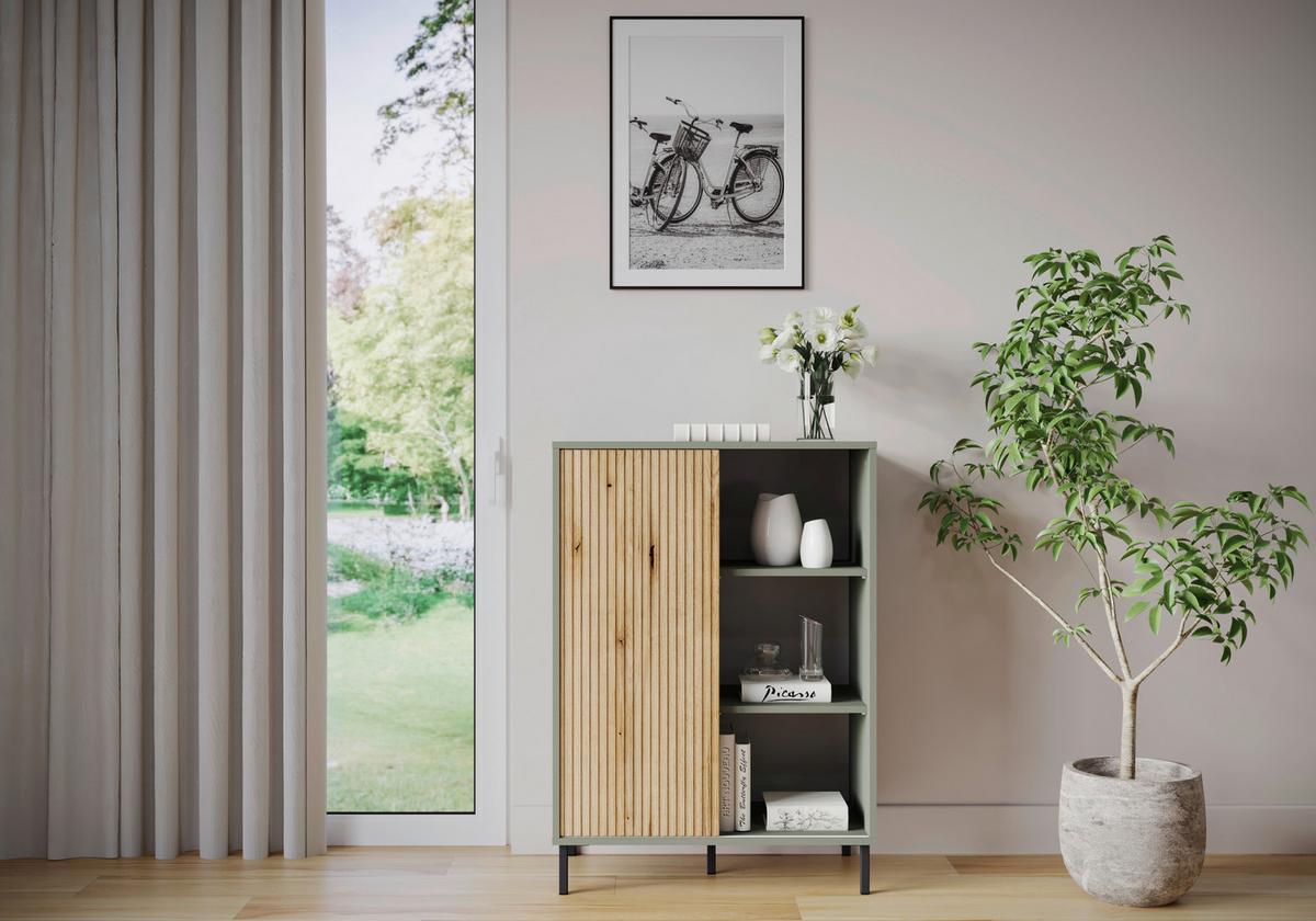 Comodă POZZI - culoare lemn stejar/verde gri, Trend, material pe bază de lemn (75/105,2/40cm) - Modern Living