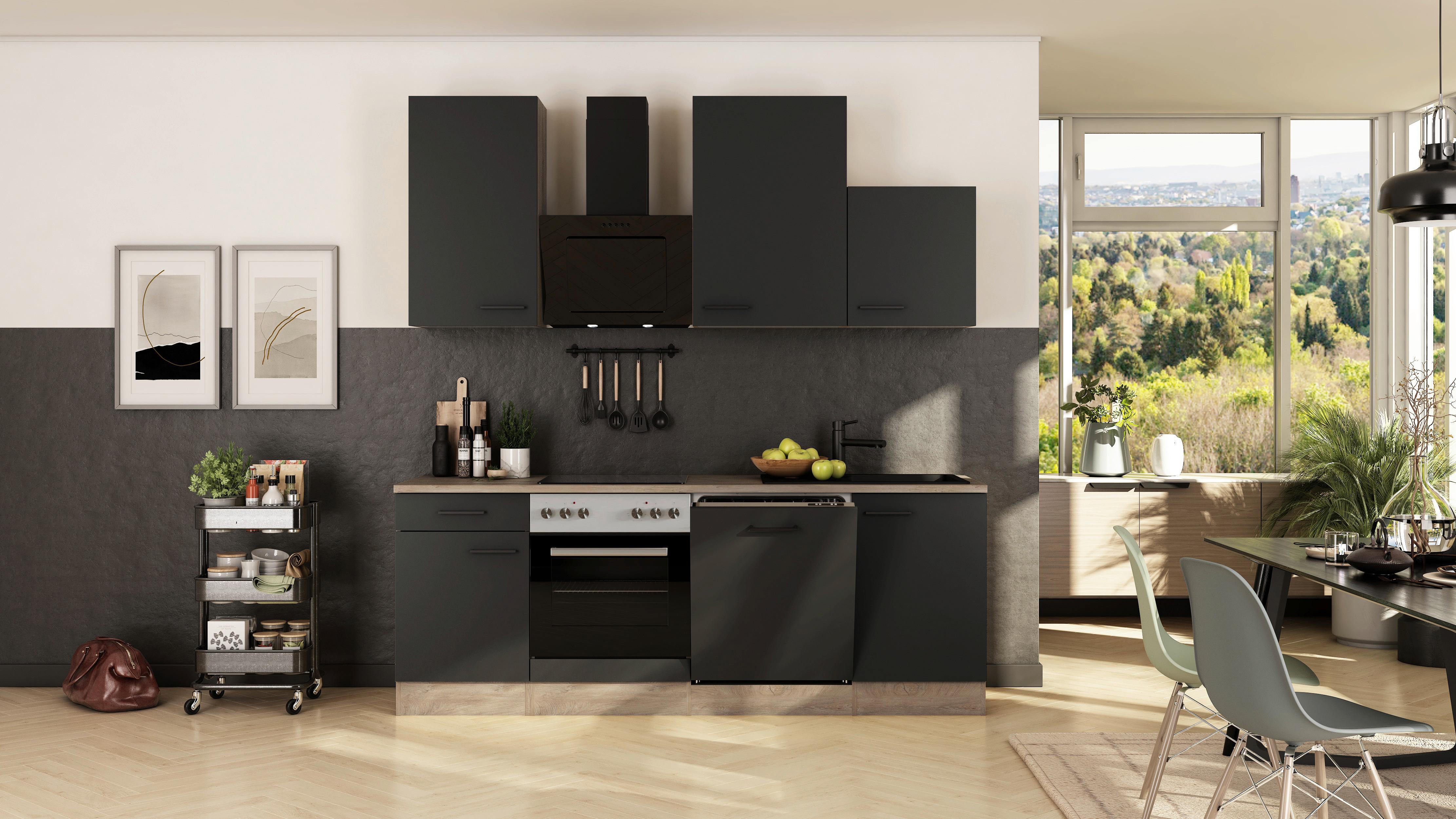 Kuhinjski Blok Z Aparati Capri, Črna, Barva Hrasta - črna/barve hrasta, Basics, kovina/leseni material (220cm) - FlexWell