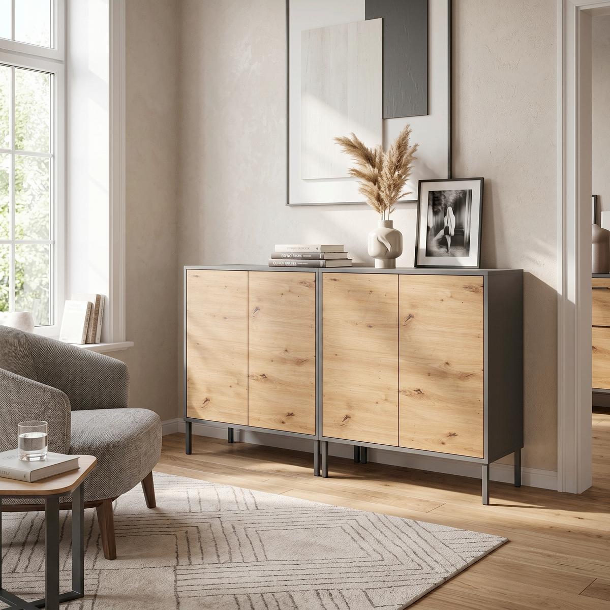 Sideboard Mailand Set 2 Anthrazit/Eiche - Anthrazit/Eiche Artisan, MODERN, Holzwerkstoff/Metall (158/86/33cm) - MID.YOU