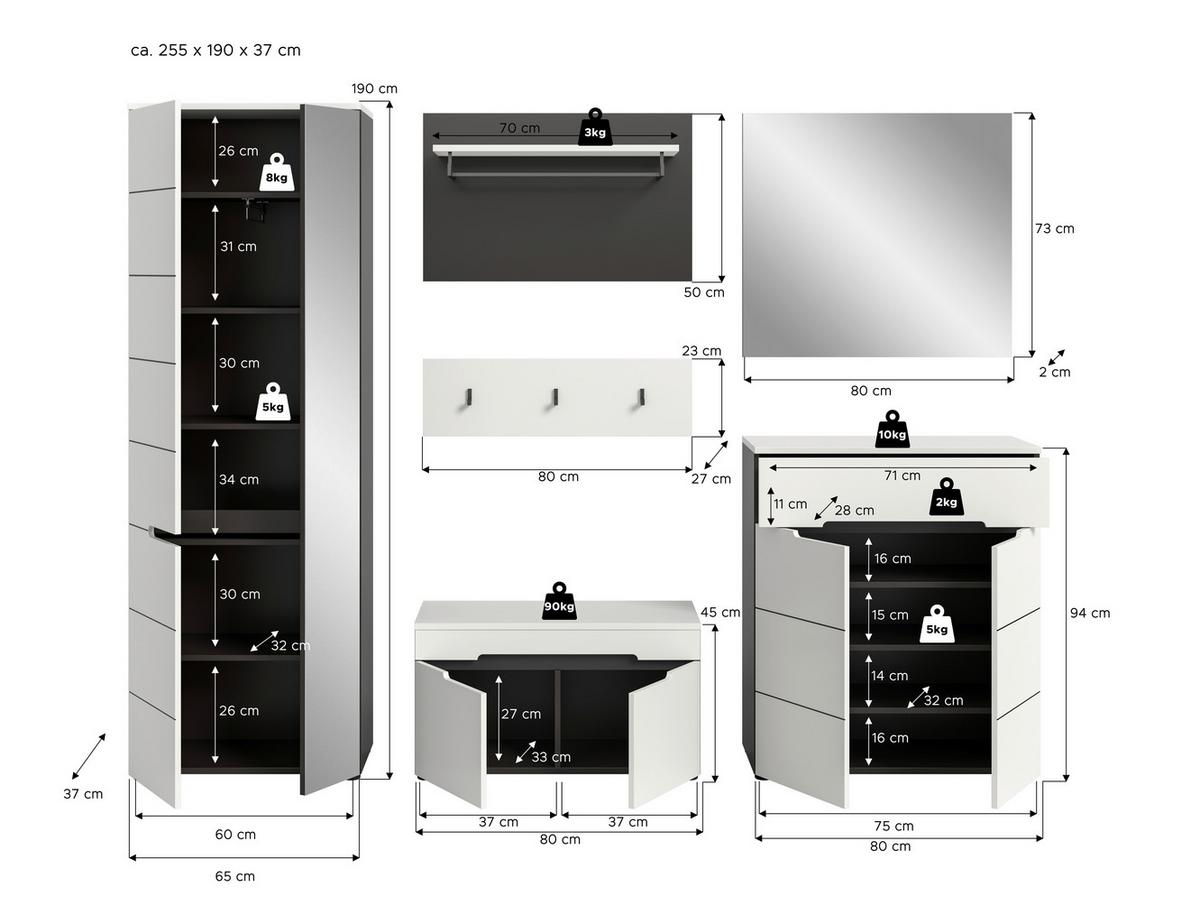 Predsoba Canu, Bela, Siva, 5-Delna - siva/bela, Design, leseni material (265/190/37cm) - Livetastic
