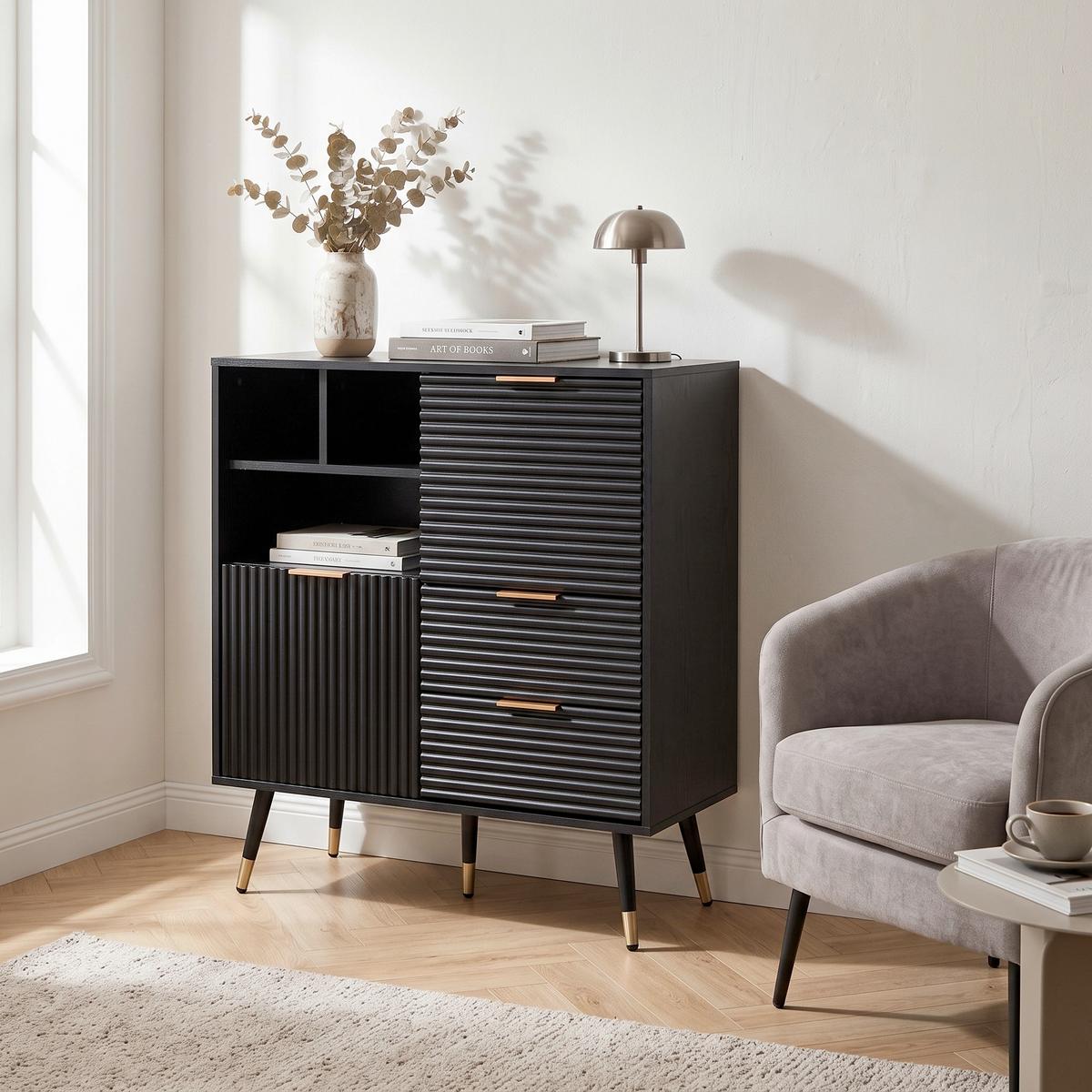 Sideboard Lamellenotpik Schwarz - Goldfarben/Schwarz, Design, Holzwerkstoff/Metall (77/97/40cm) - MID.YOU