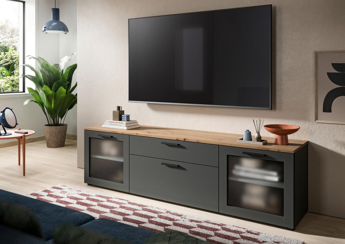 Tv Komoda Niklas - siva/hrast Artisan, Design, staklo/drvni materijal (185/52/40cm) - Modern Living