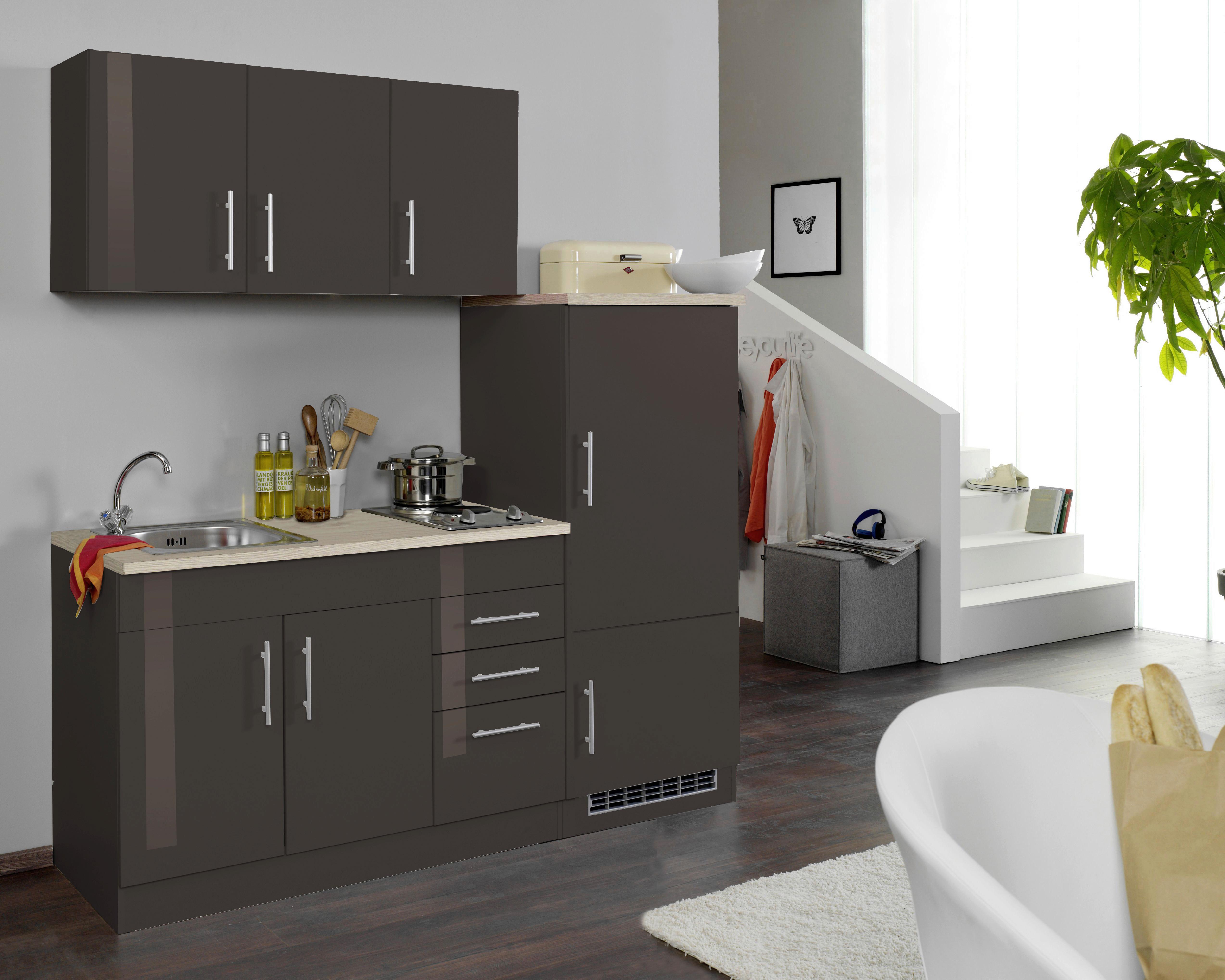 Küchenblock Toronto I m. Geräten Grau Hochglanz - Chromfarben/Grau Hochglanz, MODERN, Holzwerkstoff/Metall (180cm) - Held