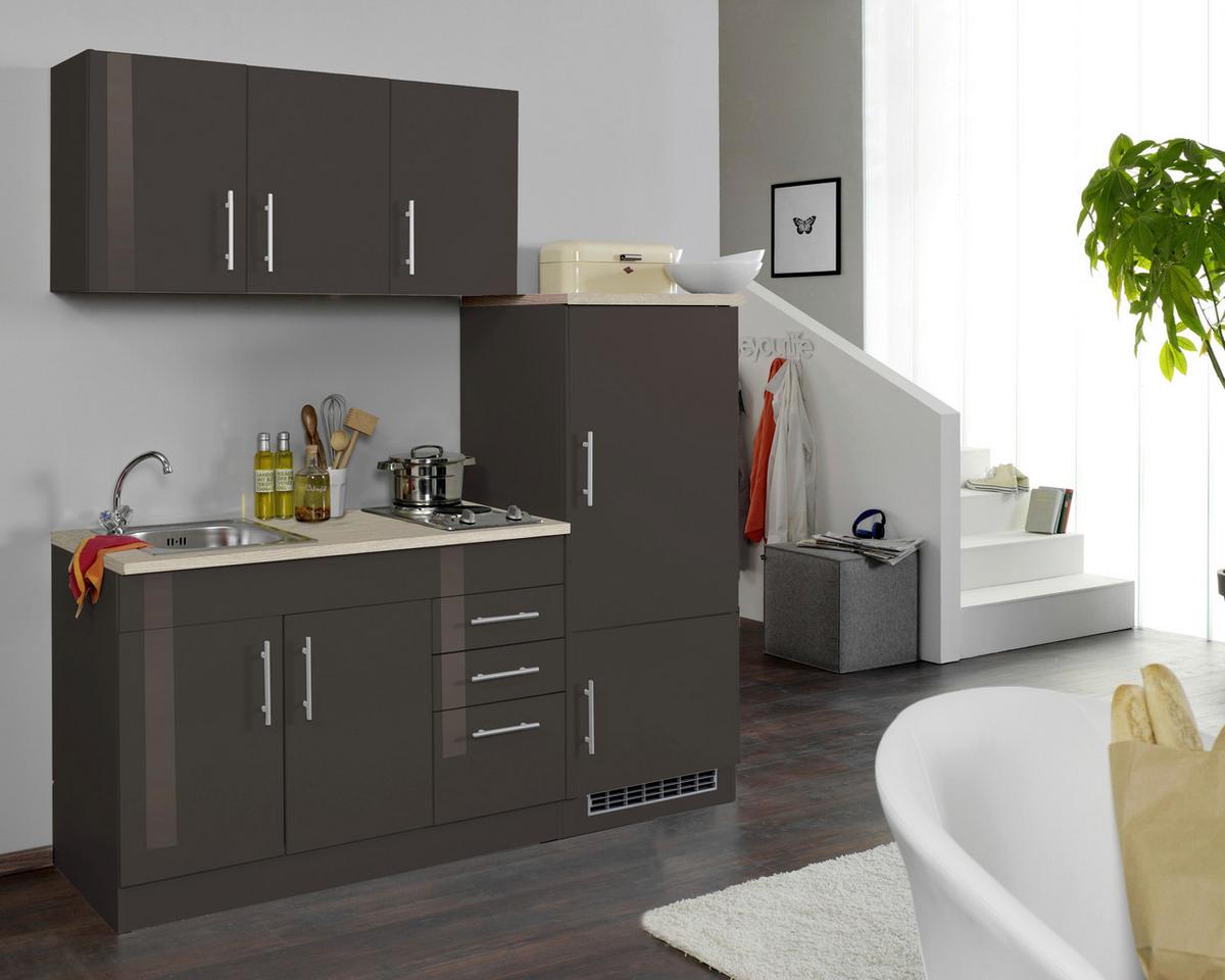 Küchenblock Toronto I m. Geräten Grau Hochglanz - Chromfarben/Grau Hochglanz, MODERN, Holzwerkstoff/Metall (180cm) - Held