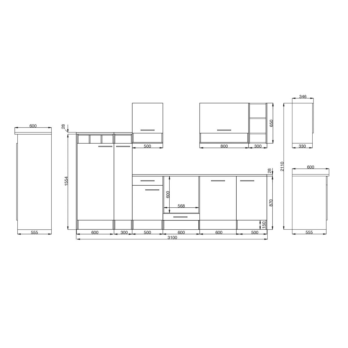 Küchenzeile Economy o. Geräte Weiß/Wildeiche B: ca. 310 cm - Wildeiche/Silberfarben, Basics, Holzwerkstoff/Metall (310cm) - Respekta