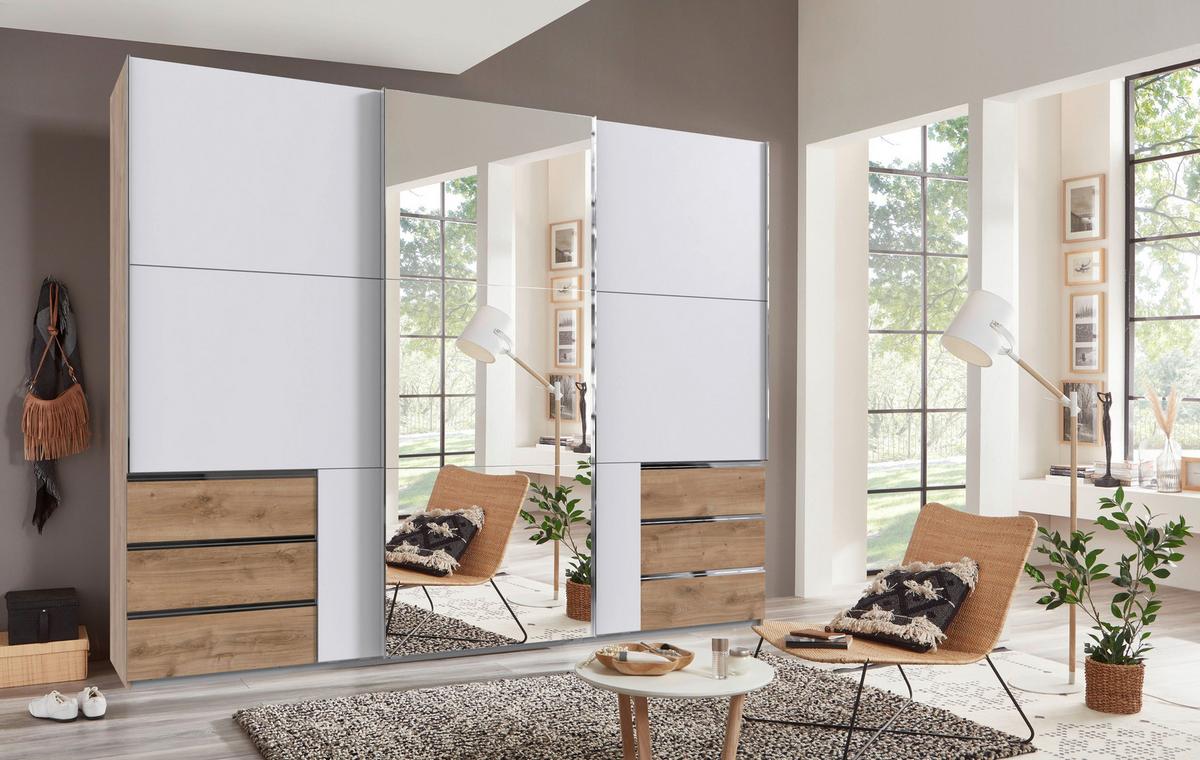 Schwebetürenschrank Level 36 Weiß/Plankeneiche - Chromfarben/Plankeneiche, MODERN, Holzwerkstoff (300/236/65cm) - MID.YOU