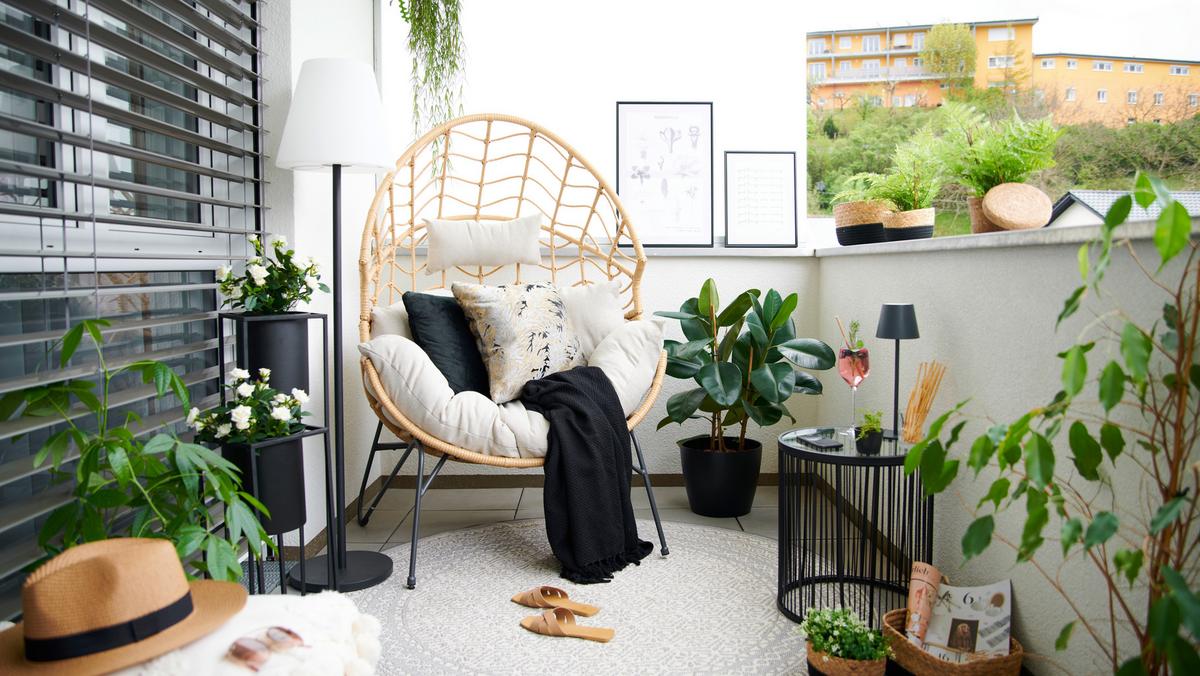 Gartenmuschel Marike in Natur/Schwarz/Beige - Beige/Schwarz, Modern, Kunststoff/Textil (98/146/95cm) - Mömax