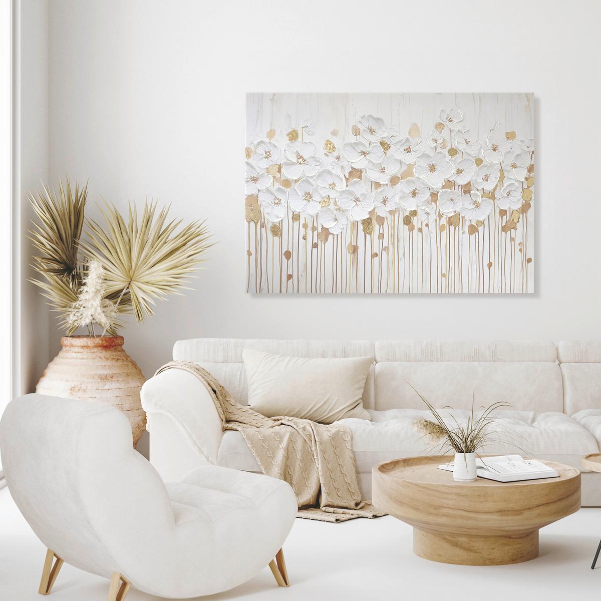 Leinwandbild HP054 Luxe Flora Weiß/Goldfarben ca. 70x100cm - Goldfarben/Weiß, Basics, Holz/Textil (70/100cm)