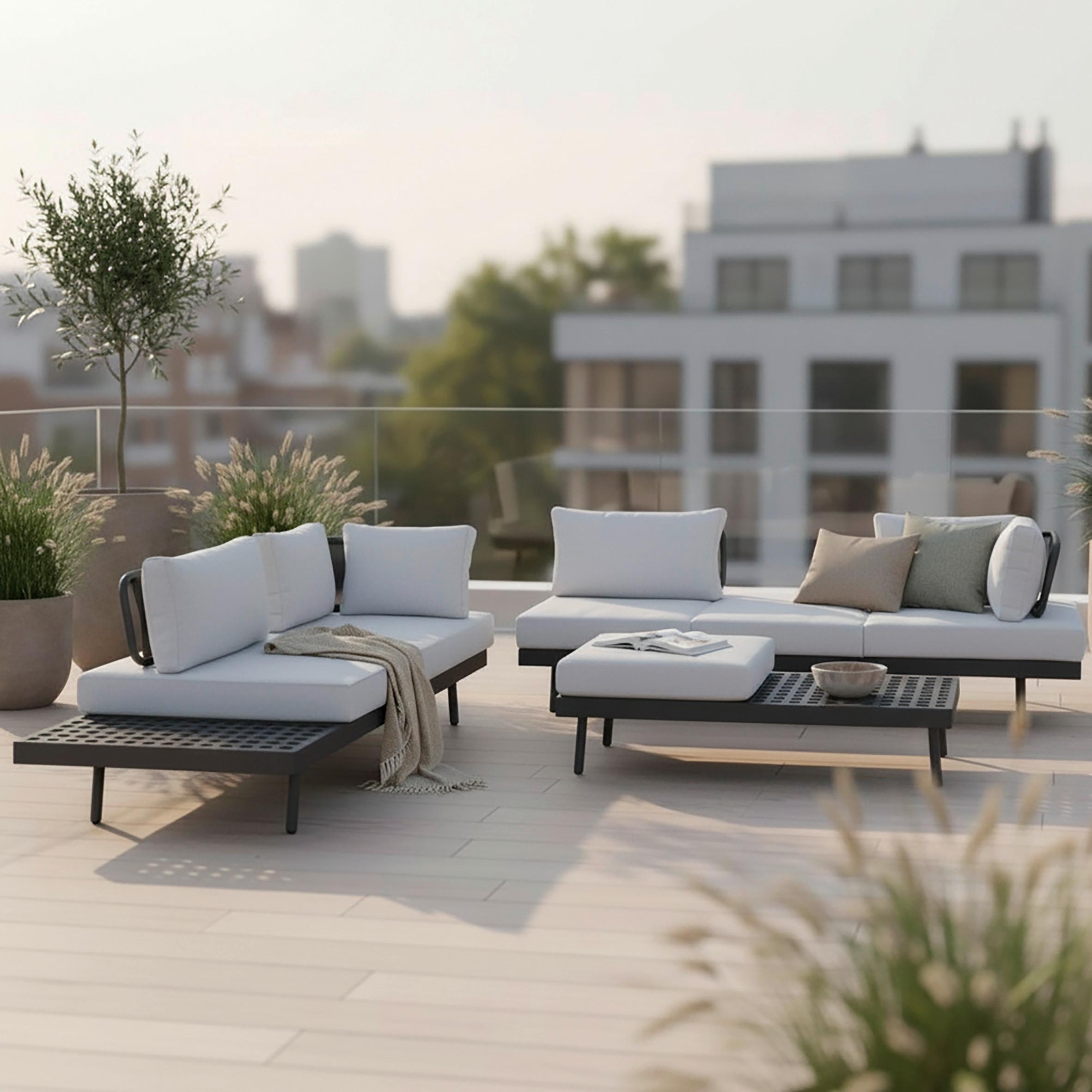 Loungegarnitur "Emma hell/dunkelgrau, Holz/Metall - Weiss/Dunkelgrau, Modern, Textil/Metall (220/79/87cm) - Bessagi Garden