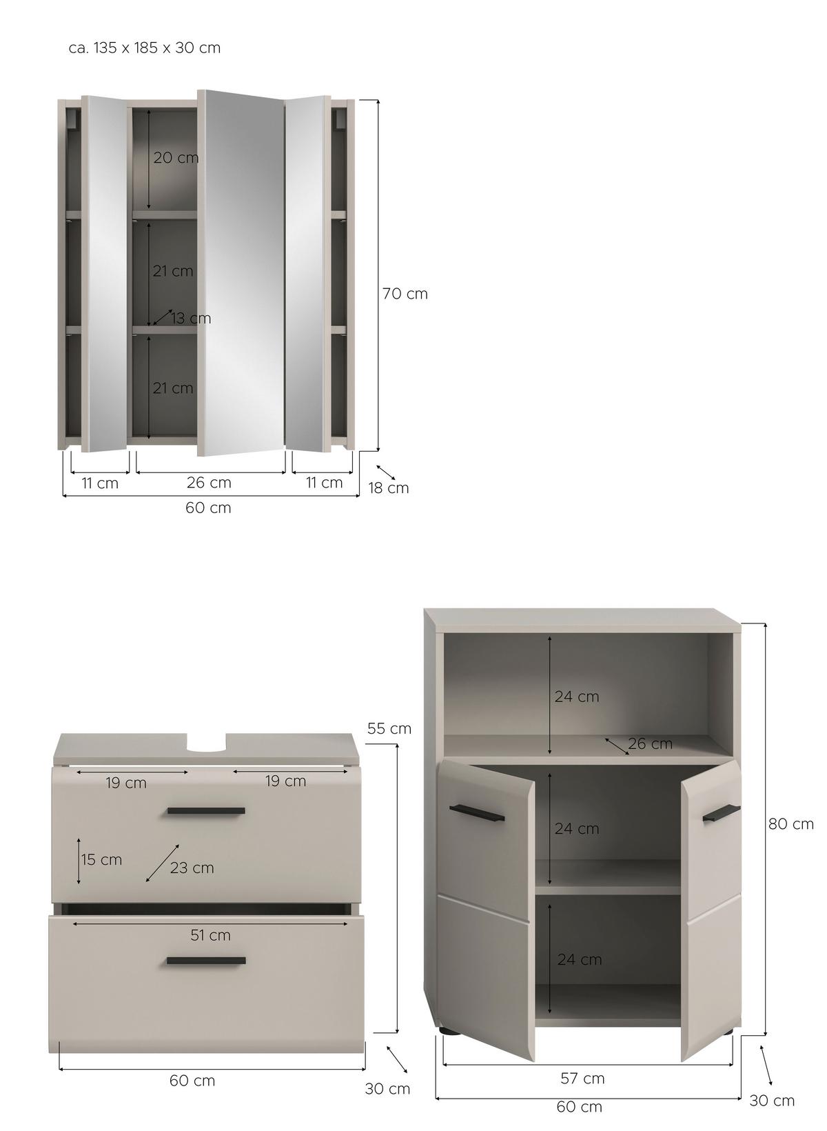 Badezimmer Ice Kaschmir 3-teilig - Kaschmir/Schwarz, Trend, Glas/Holzwerkstoff (120cm) - MID.YOU