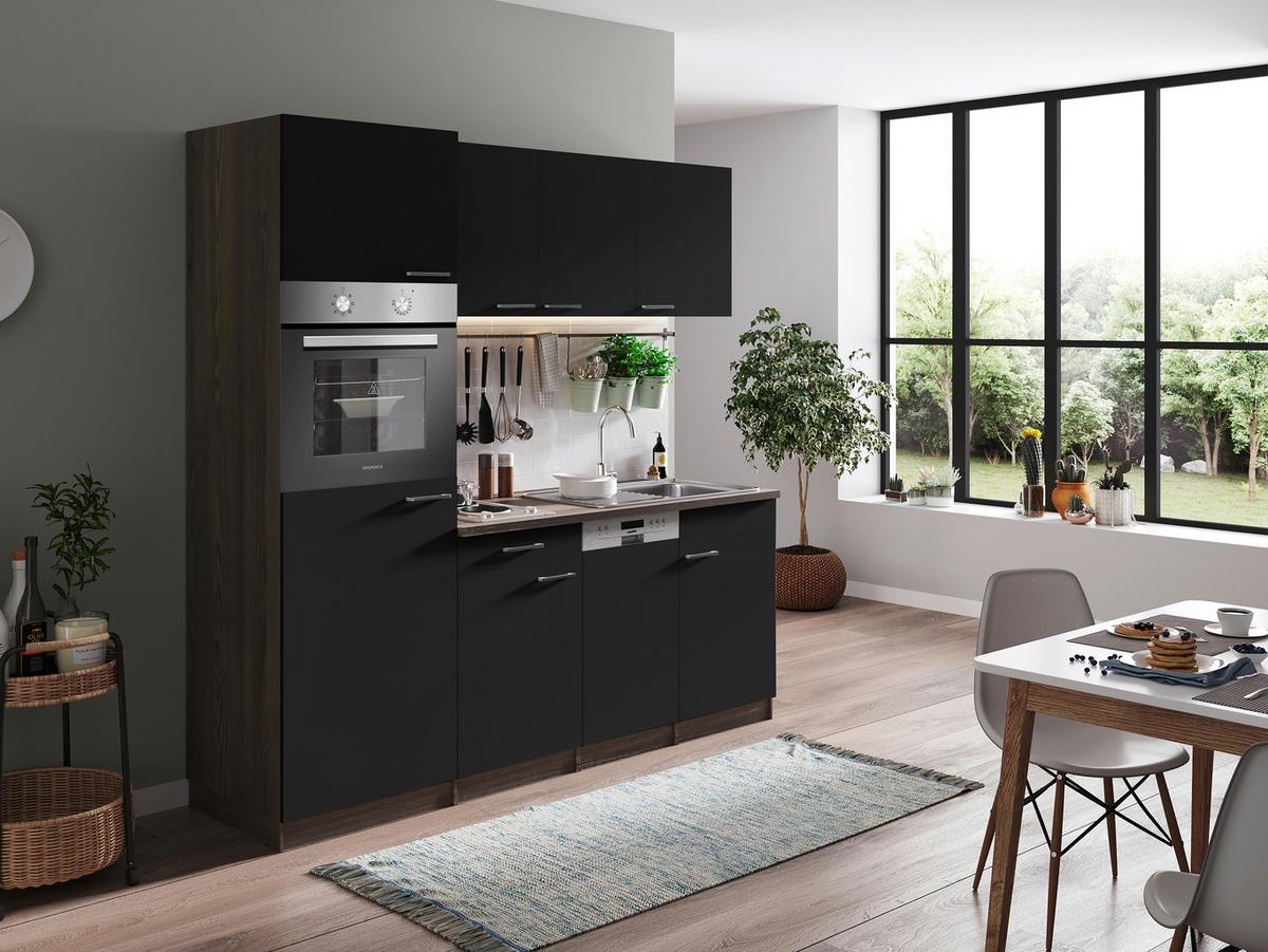 Küchenblock Oliver mit Geräten ca. 205 cm Schwarz - Eichefarben/Schwarz, Basics, Holzwerkstoff/Kunststoff (205cm) - Respekta