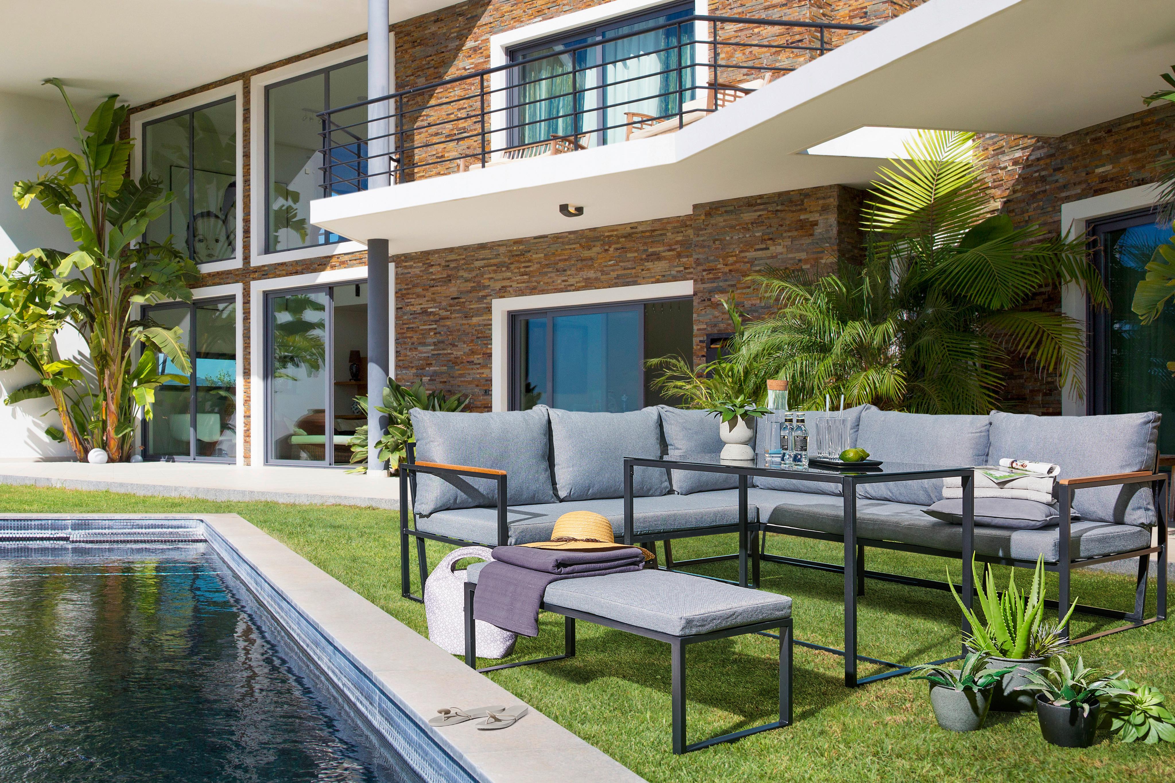 Lounge Garnitúra Kanada - Szürke/Fekete, modern, Üveg/Fa (206/206cm) - Modern Living
