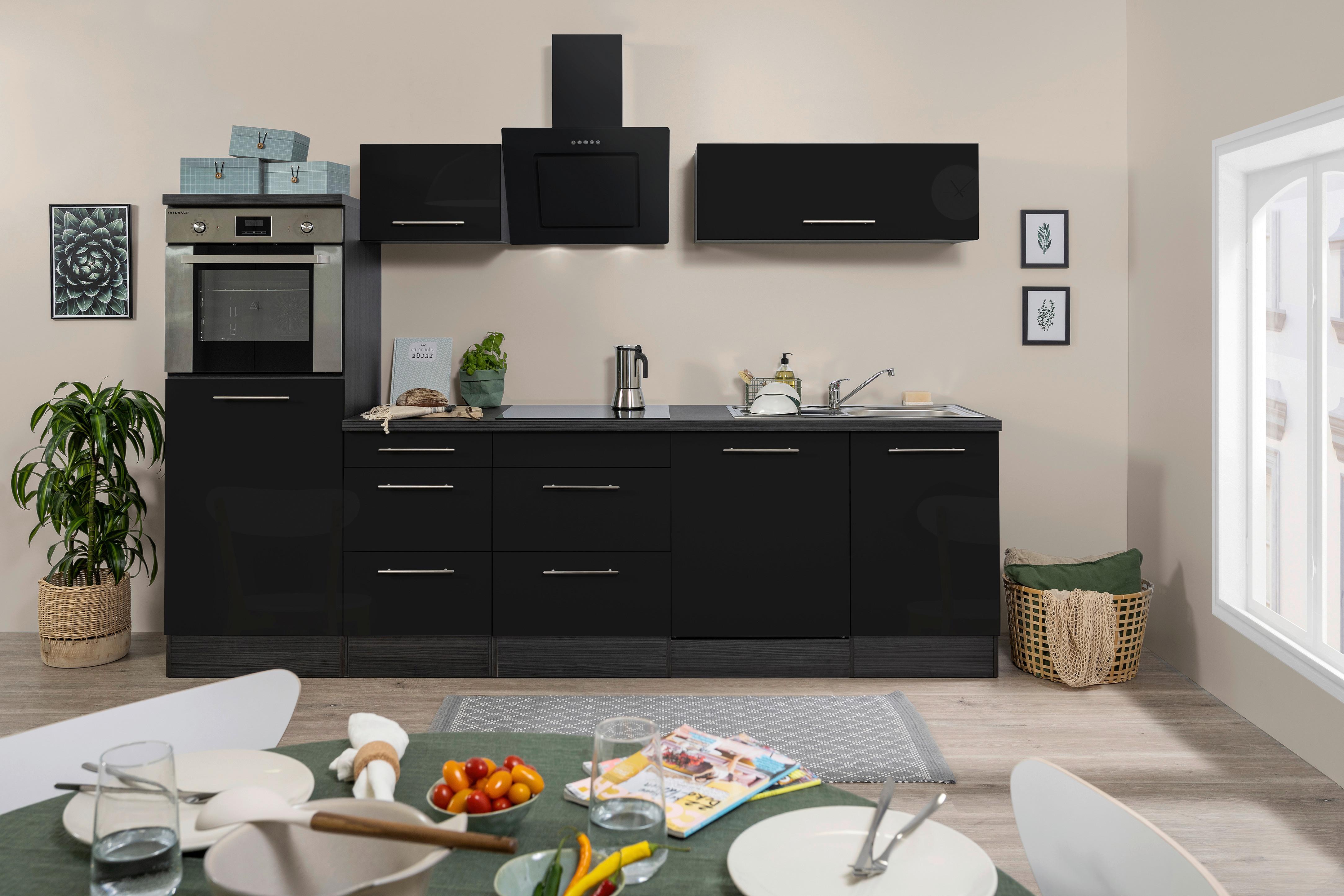 Küchenzeile mit Geräte Schwarz Hochgl/Eiche Grau B: ca. 280cm - Edelstahlfarben/Eichefarben, Basics, Holzwerkstoff/Metall (280cm) - Respekta