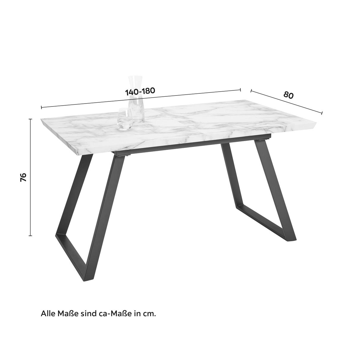 Ausziehtisch Luigi Marmoroptik ca. 180x80x76cm - Schwarz/Weiß, MODERN, Holzwerkstoff/Metall (140-180/80/76cm) - Bessagi Home