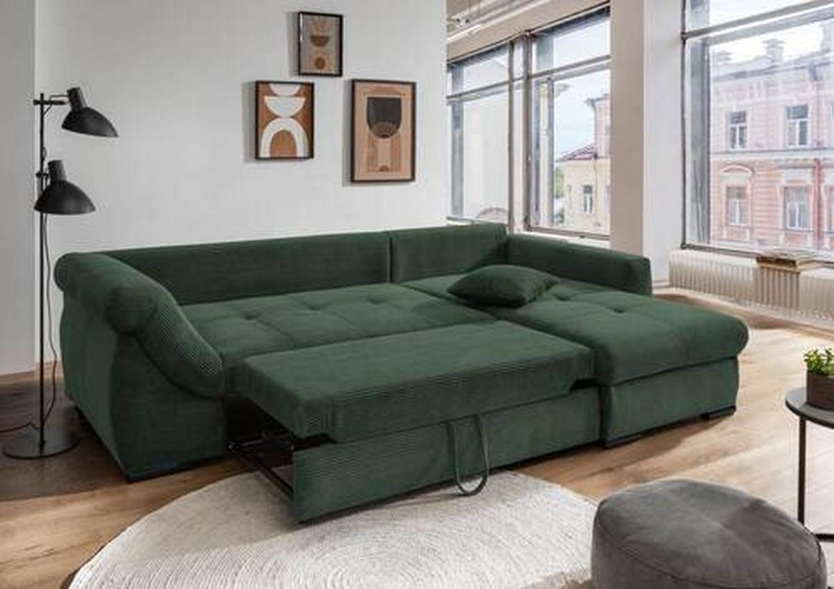 Wohnlandschaft Frederico Dunkelgrün Cord - Dunkelgrün/Schwarz, MODERN, Holz/Textil (302/188cm) - MID.YOU