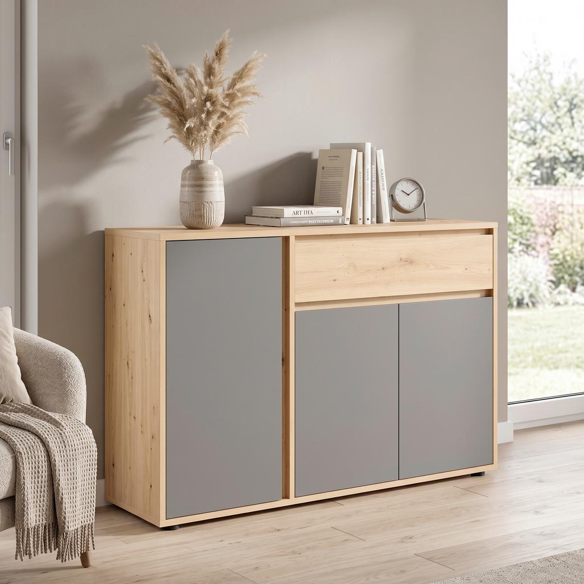 Široka Komoda Caneva, Barva Hrasta, Antracit - črna/antracit, Moderno, umetna masa/leseni material (128/86/40,3cm) - Modern Living