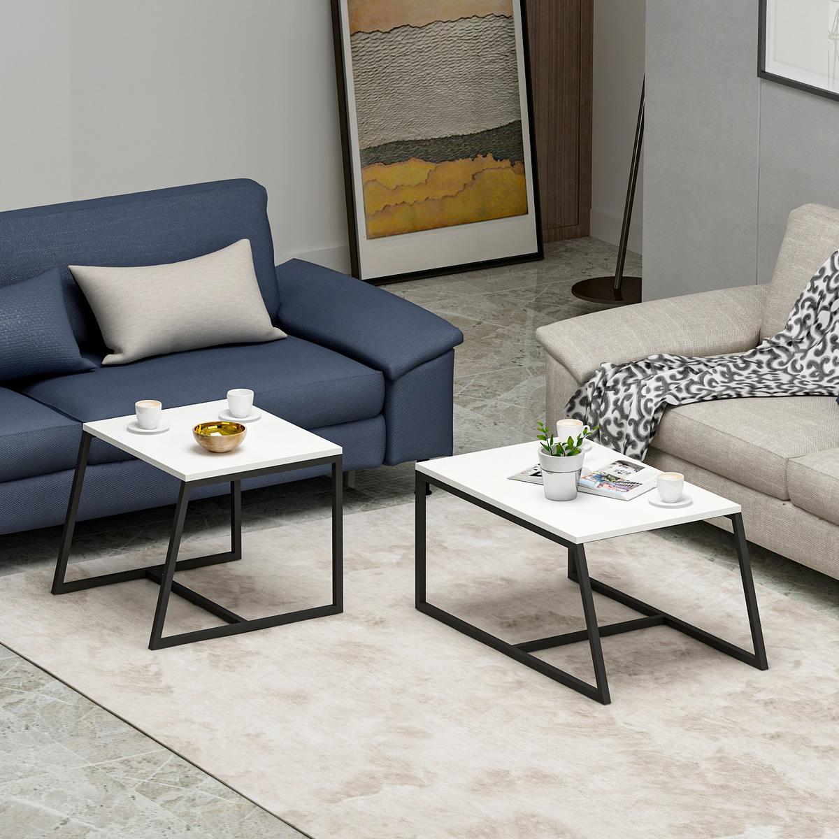 Couchtischset Minimal Couchtisch - Weiss/Schwarz, Design, Holzwerkstoff/Metall (75-55/38-45/50-47cm) - Livetastic