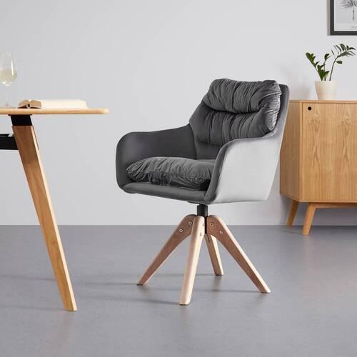 Armlehnstuhl Juana Grau Samt Drehbar Gepolstert - Naturfarben/Grau, MODERN, Holz/Textil (61/93/65cm) - Bessagi Home