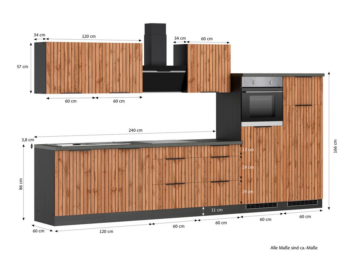 Küchenblock Liverpool m. Geräte Graphit/Eichefarben - Schieferfarben/Eiche Wotan, Basics, Holzwerkstoff/Metall (360cm) - Held
