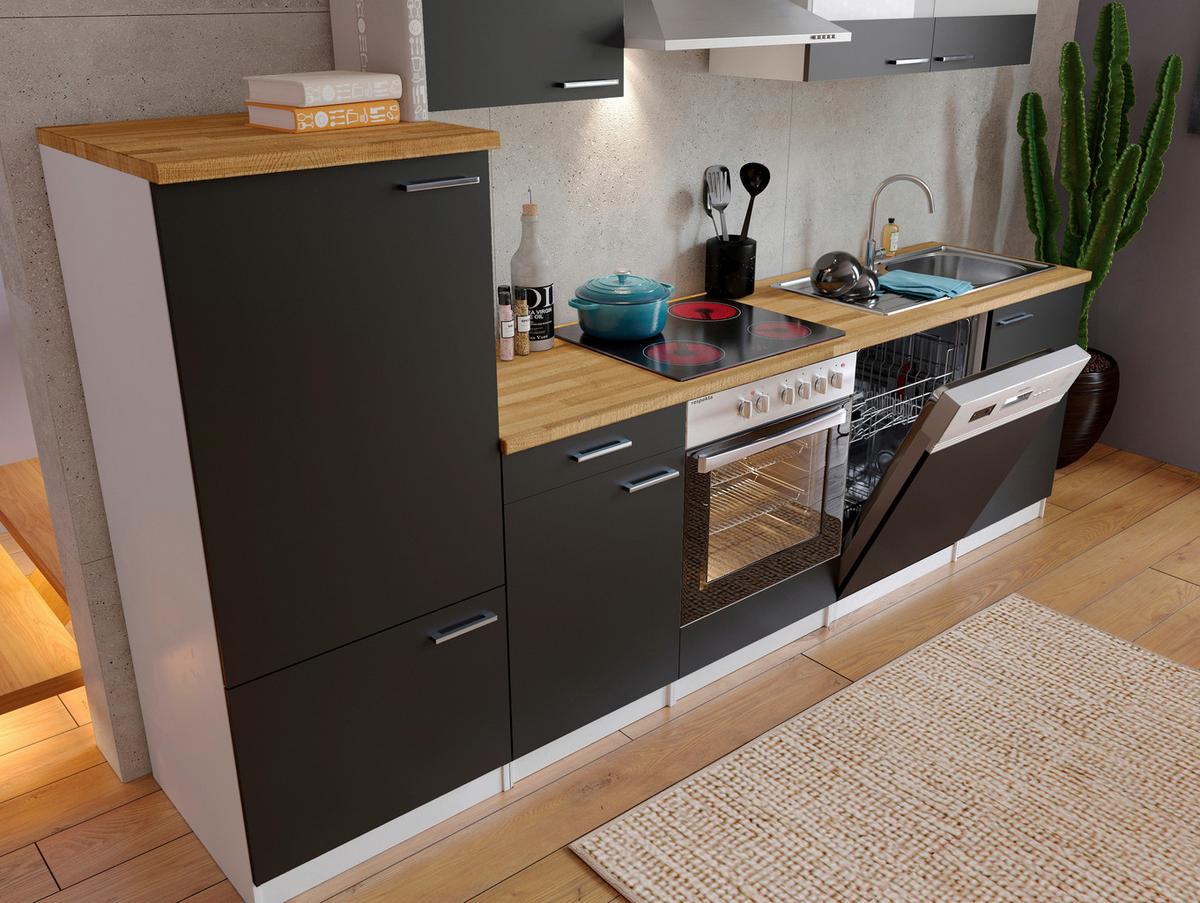 Küchenzeile Economy m. Geräten Schwarz/Nussbaum B: ca. 280 cm - Edelstahlfarben/Nussbaumfarben, Basics, Holzwerkstoff/Metall (280cm) - Respekta