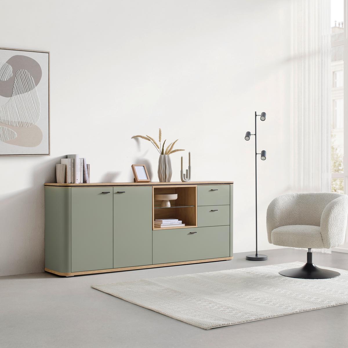 Sideboard Lagos Salbeigrün/Eiche Artisan - Salbeigrün/Anthrazit, Modern, Glas/Holzwerkstoff (210,2/87,5/42,5cm) - Premium Living