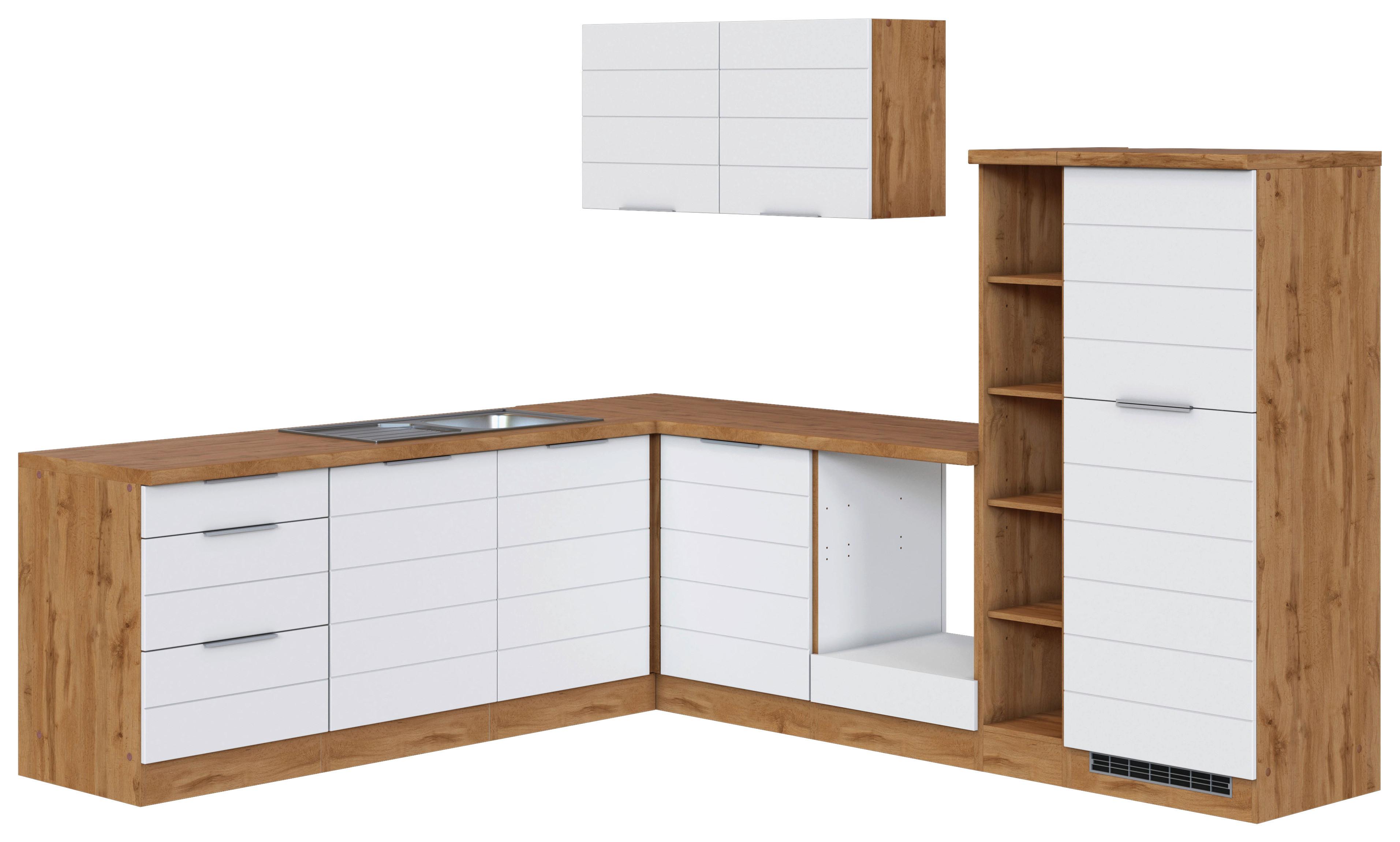 Eckküche Florenz ohne Geräte ca. 240x270 cm Weiß/Eiche - Eiche Wotan/Weiß, Design, Holzwerkstoff/Metall (240/270cm) - Held