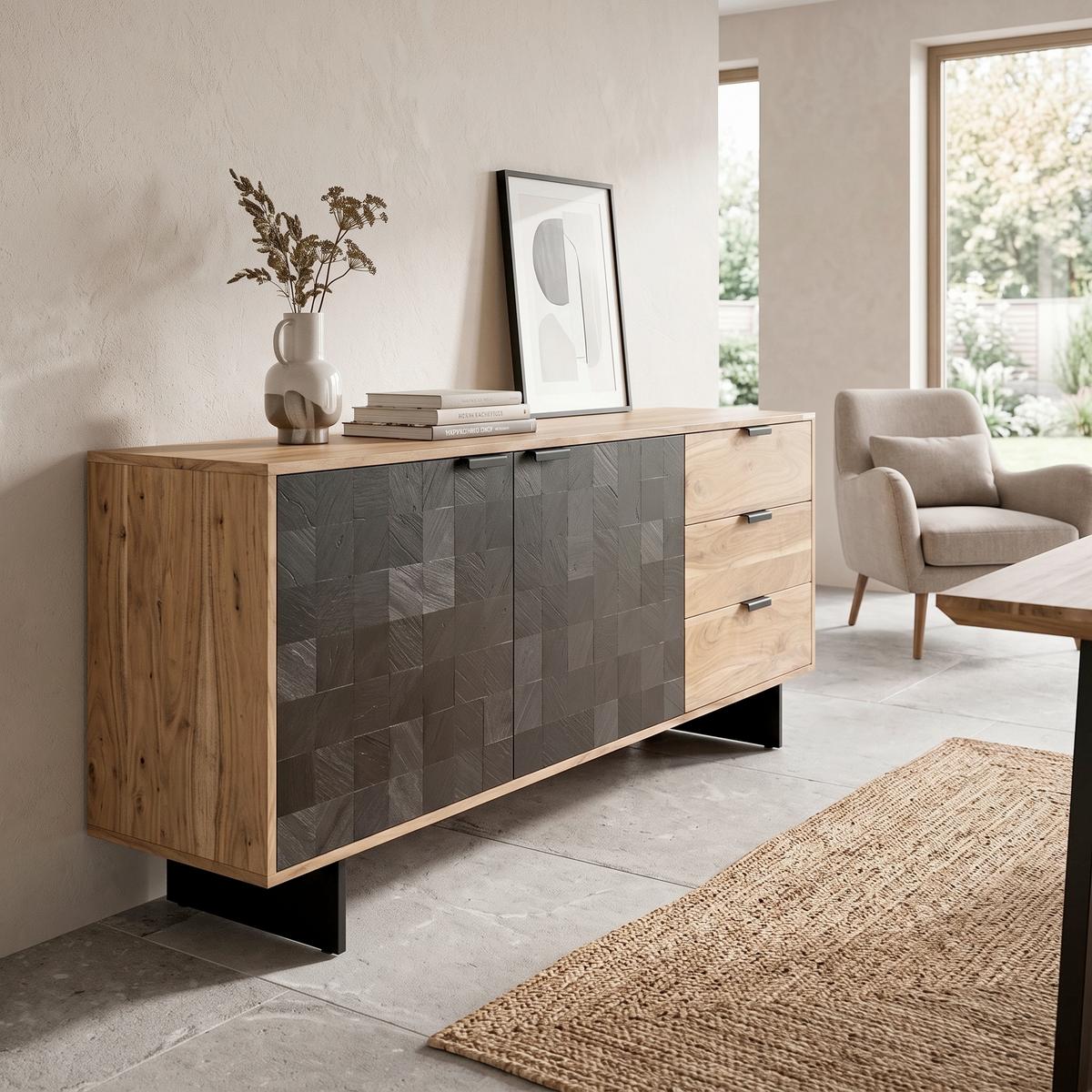 Sideboard Wl7.026 - Schwarz/Akaziefarben, Natur, Holz/Metall (175/76/40cm) - Livetastic