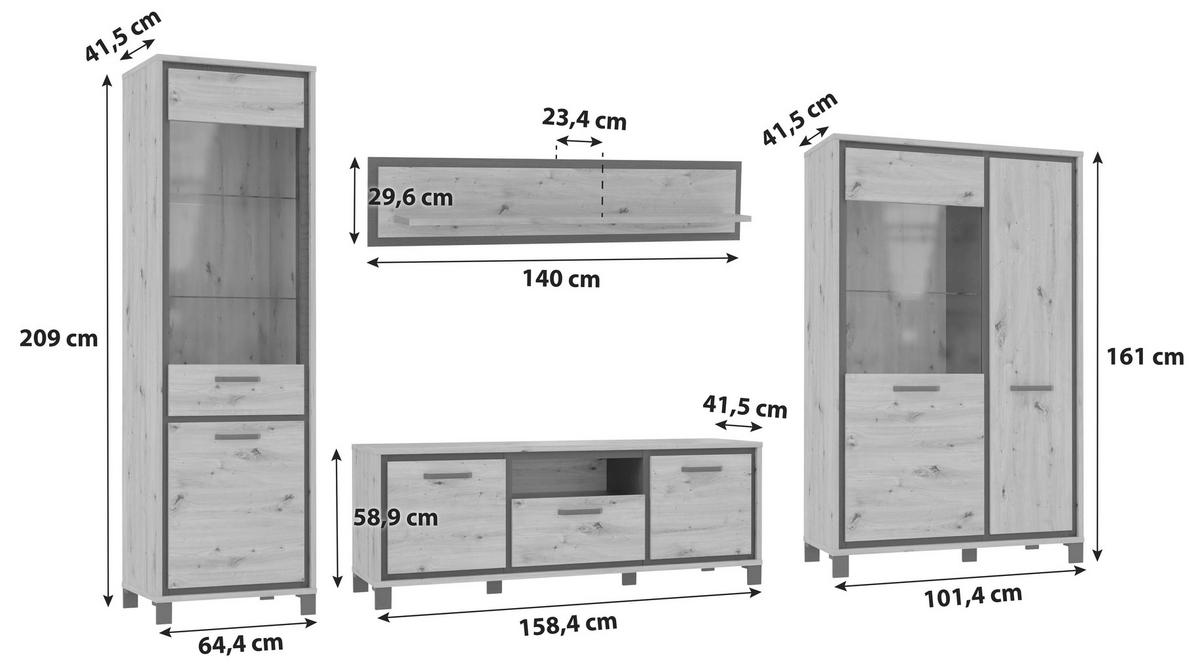 Dnevni Regal Trondheim, Barva Hrasta, 4-Delni - črna/barve hrasta, Basics, kovina/umetna masa (344,2/208/41,5cm) - Livetastic