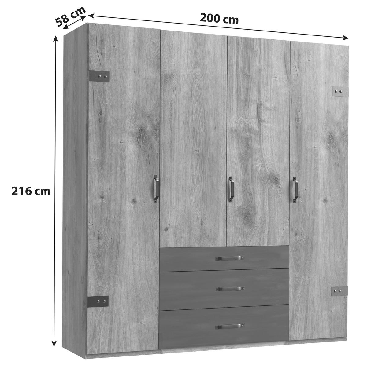 Ormar S Klasičnim Vratima Detroit - boje grafita/boje hrasta, Basics, drvni materijal/metal (200/216/58cm) - Modern Living
