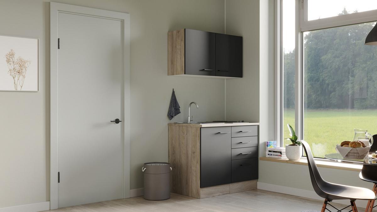 Majhna Kuhinja Capri, Črna, Hrast - črna/barve hrasta, Moderno, kovina/leseni material (100cm) - FlexWell
