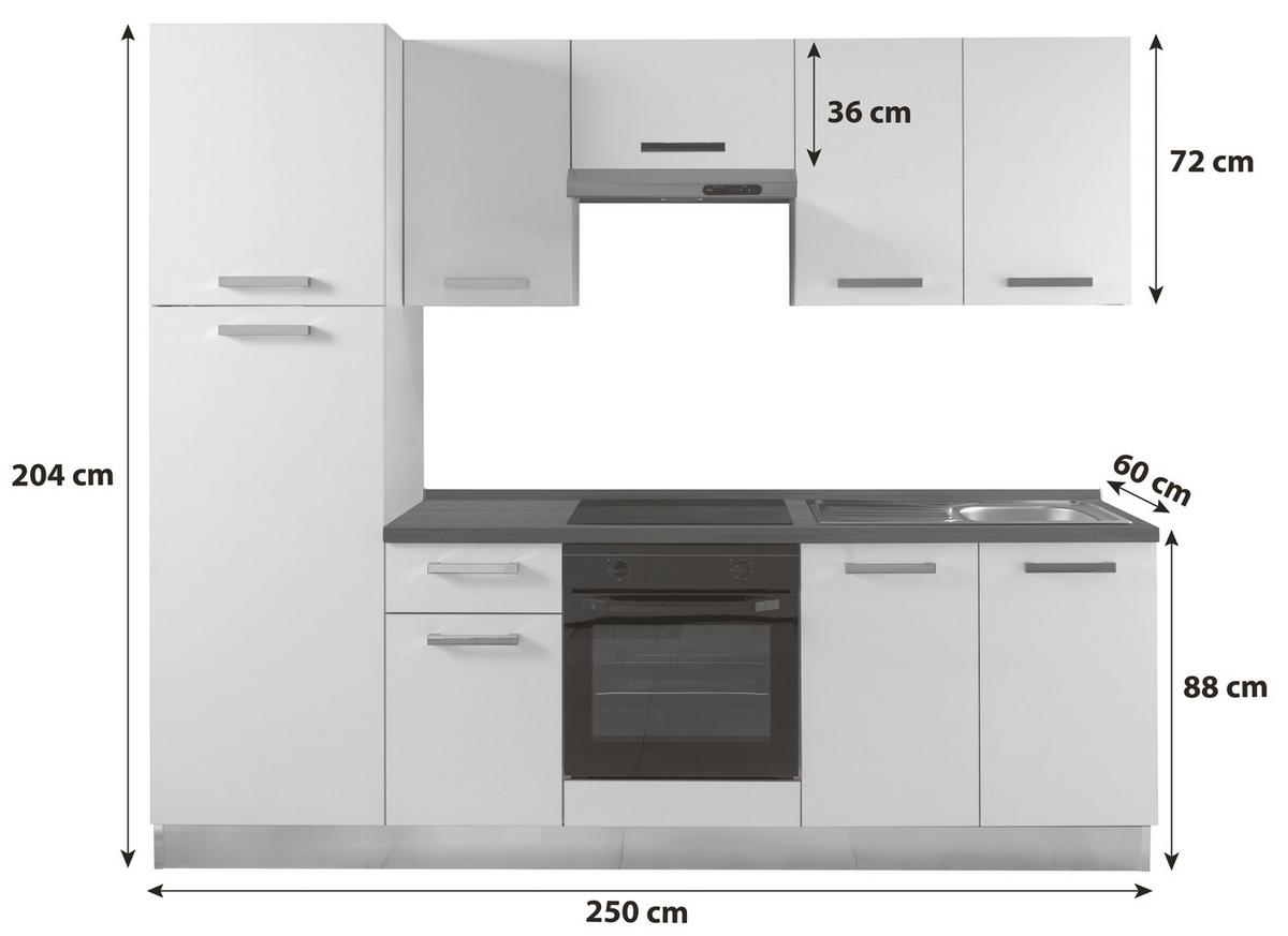 Küchenblock Belluna m. Geräten Weiß - Dunkelgrau/Alufarben, Basics, Holzwerkstoff/Kunststoff (250cm) - MID.YOU