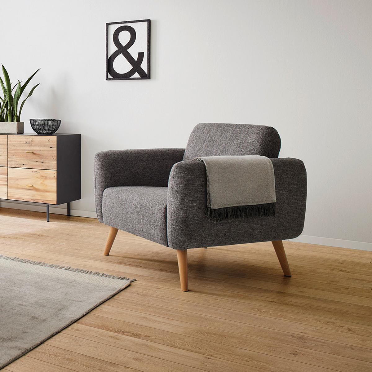 Relaxsessel Pia Dunkelgrau Webstoff - Dunkelgrau/Naturfarben, MODERN, Holz/Textil (86/76/75cm) - Bessagi Home