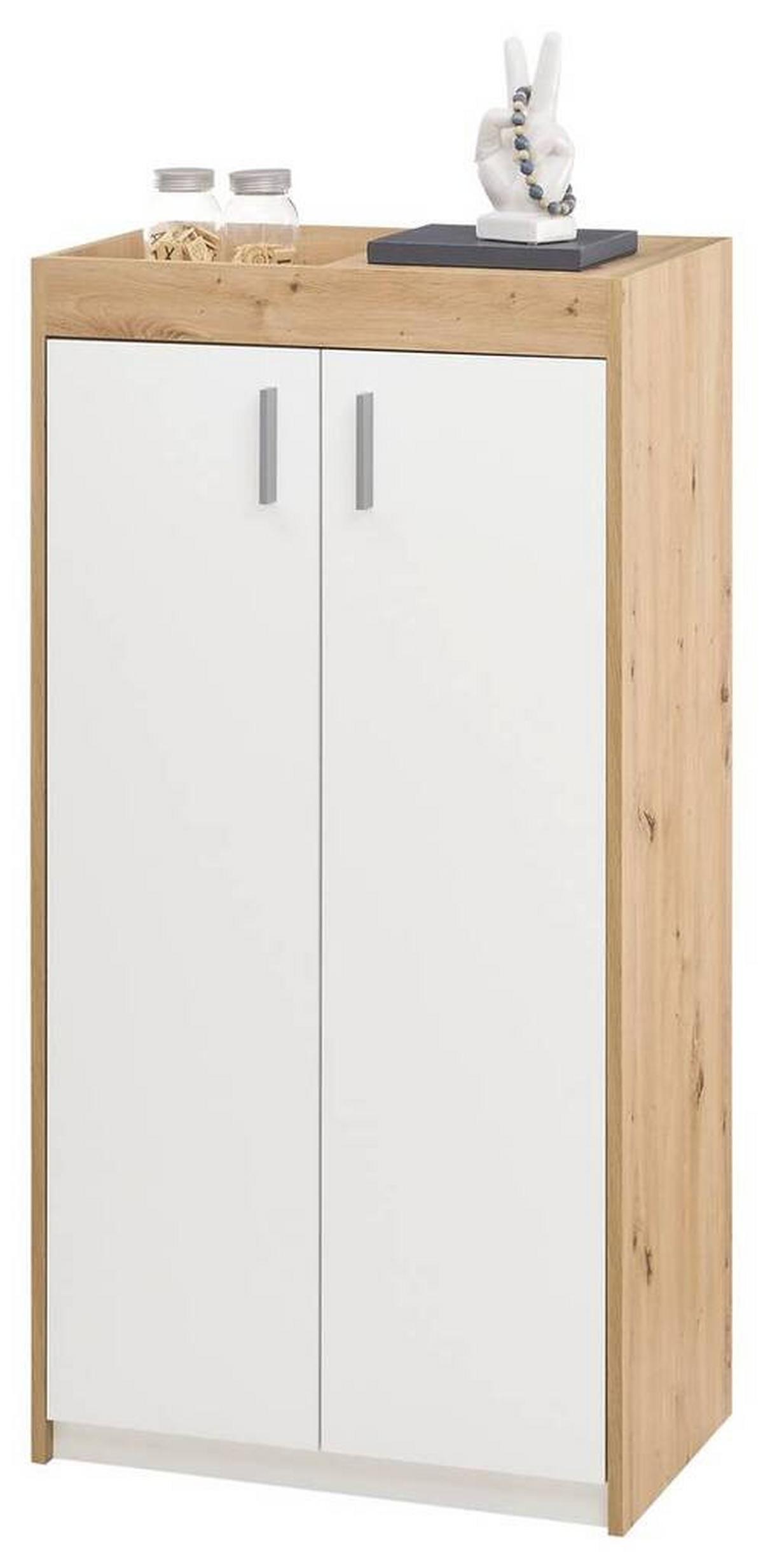 Schuhschrank Paris in Weiss/Eichefarben - Weiss/Silberfarben, Modern, Holzwerkstoff/Kunststoff (64/126/38cm) - Mömax