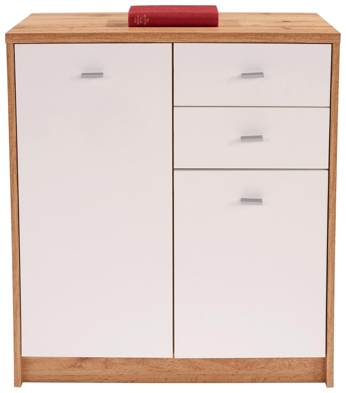 Komód 2 Ajtó 2 Fiók 4-You - krómszínű/tölgyfa színű, Modern, műanyag/faalapú anyag (74/85,4/34,6cm)