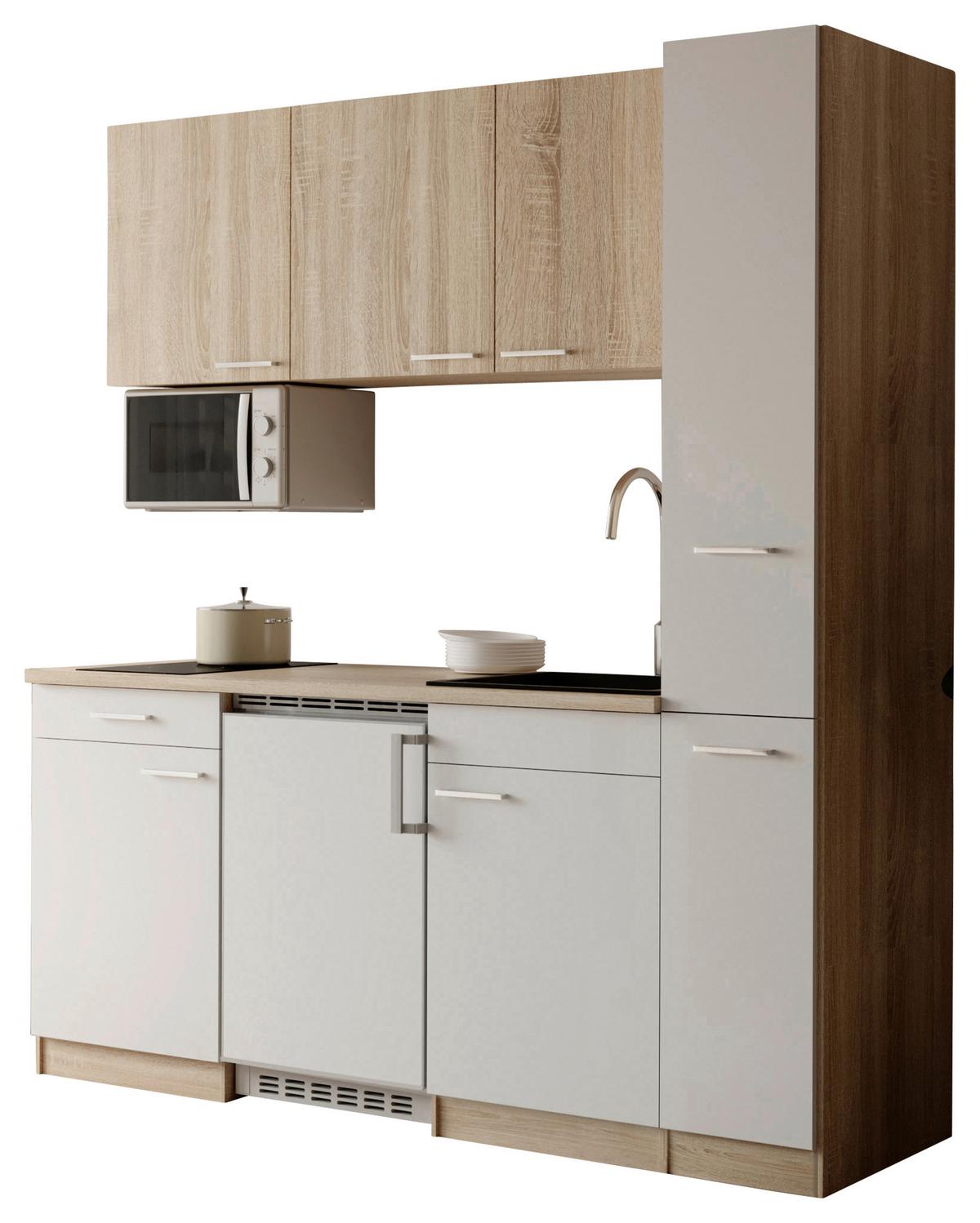 Küchenblock Ingrid m. Geräten Weiß - Eichefarben/Alufarben, Design, Holzwerkstoff/Kunststoff (180cm) - Respekta