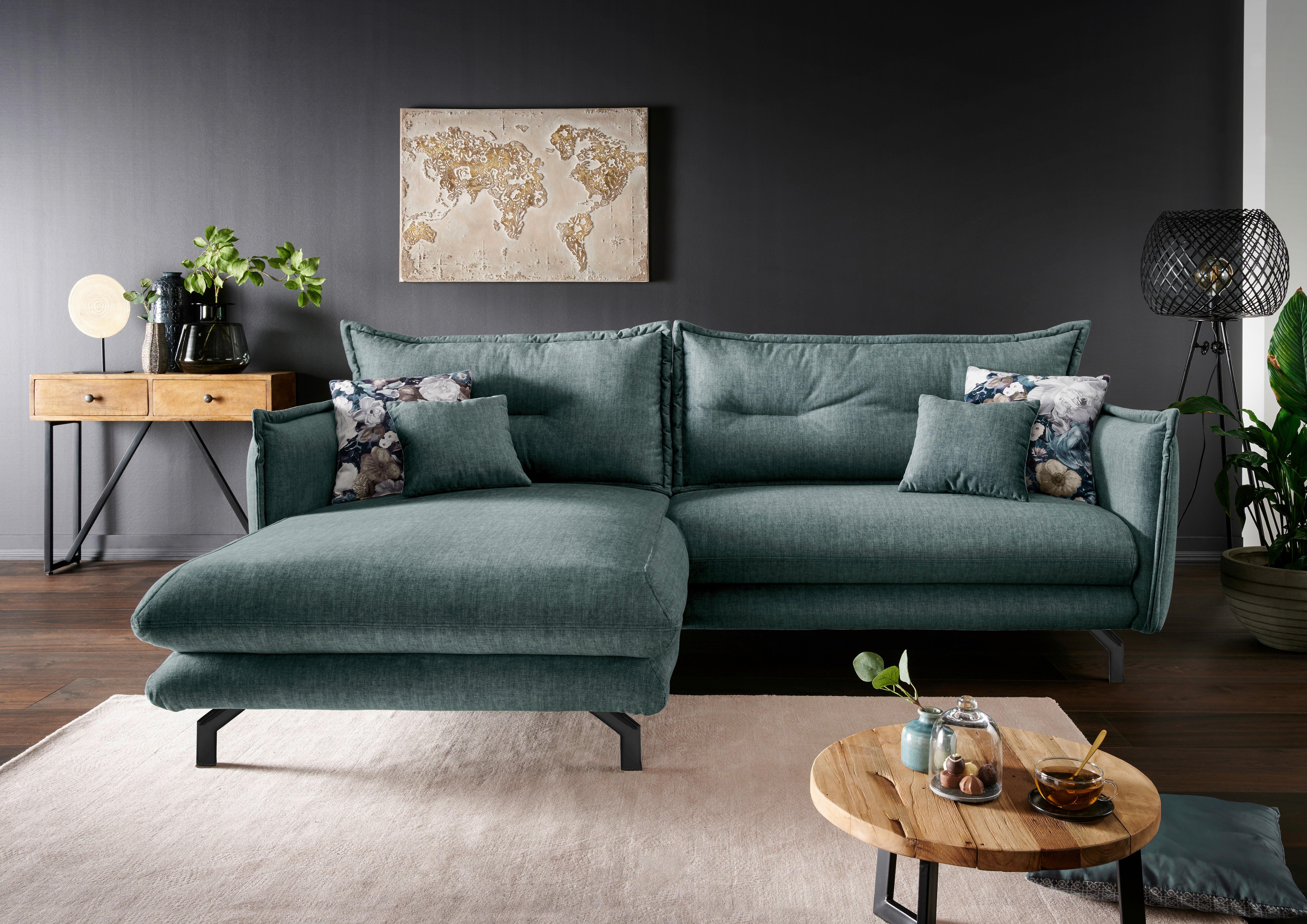 Wohnlandschaft Lava Hellblau Velours - Türkis/Schwarz, MODERN, Textil/Metall (180/255cm) - Livetastic