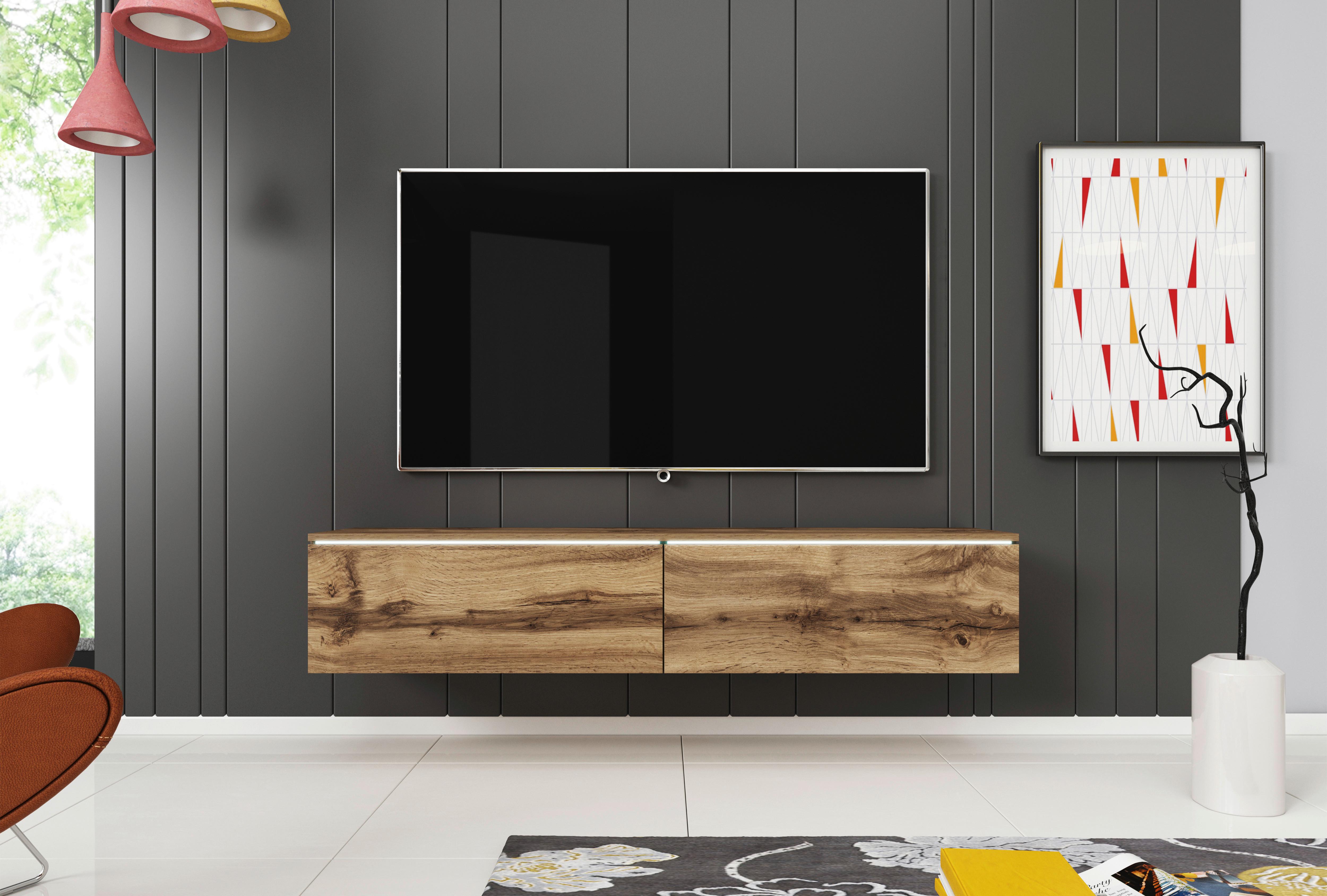 TV-Lowboard mit LED ca. 140x30 cm Eiche Wotan - Eiche Wotan/Grau, LIFESTYLE, Holzwerkstoff/Kunststoff (140/30/33cm) - P & B