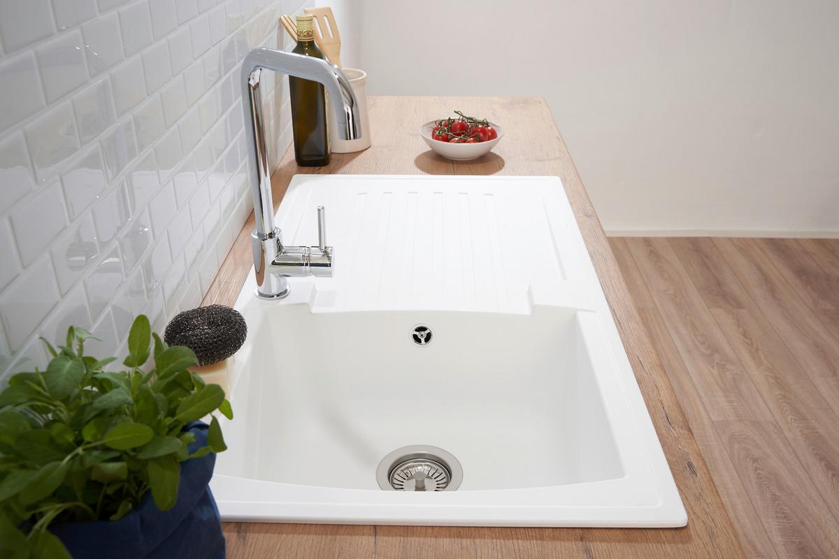 Spüle Boston Weiß Kunststein B: ca. 86 cm - Weiß, Trend, Glas/Kunststoff (86/20/50cm) - Respekta
