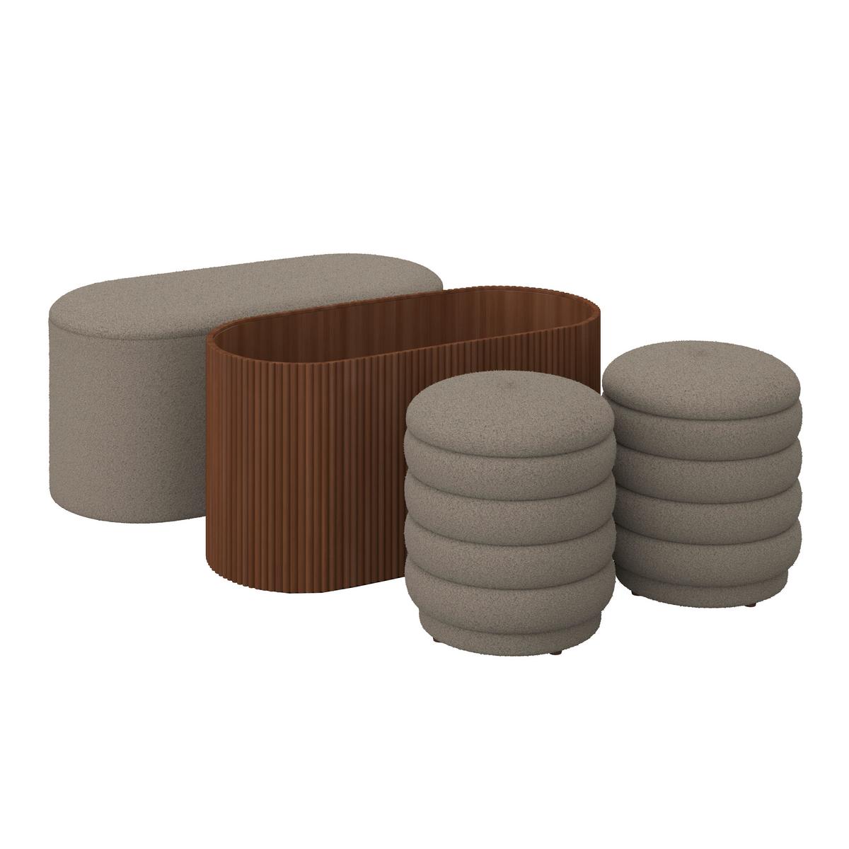 Sitzbank Nina mit Stauraum inkl. 2 Hocker Bouclé Beige - Beige/Naturfarben, MODERN, Holz/Holzwerkstoff - Bessagi Home