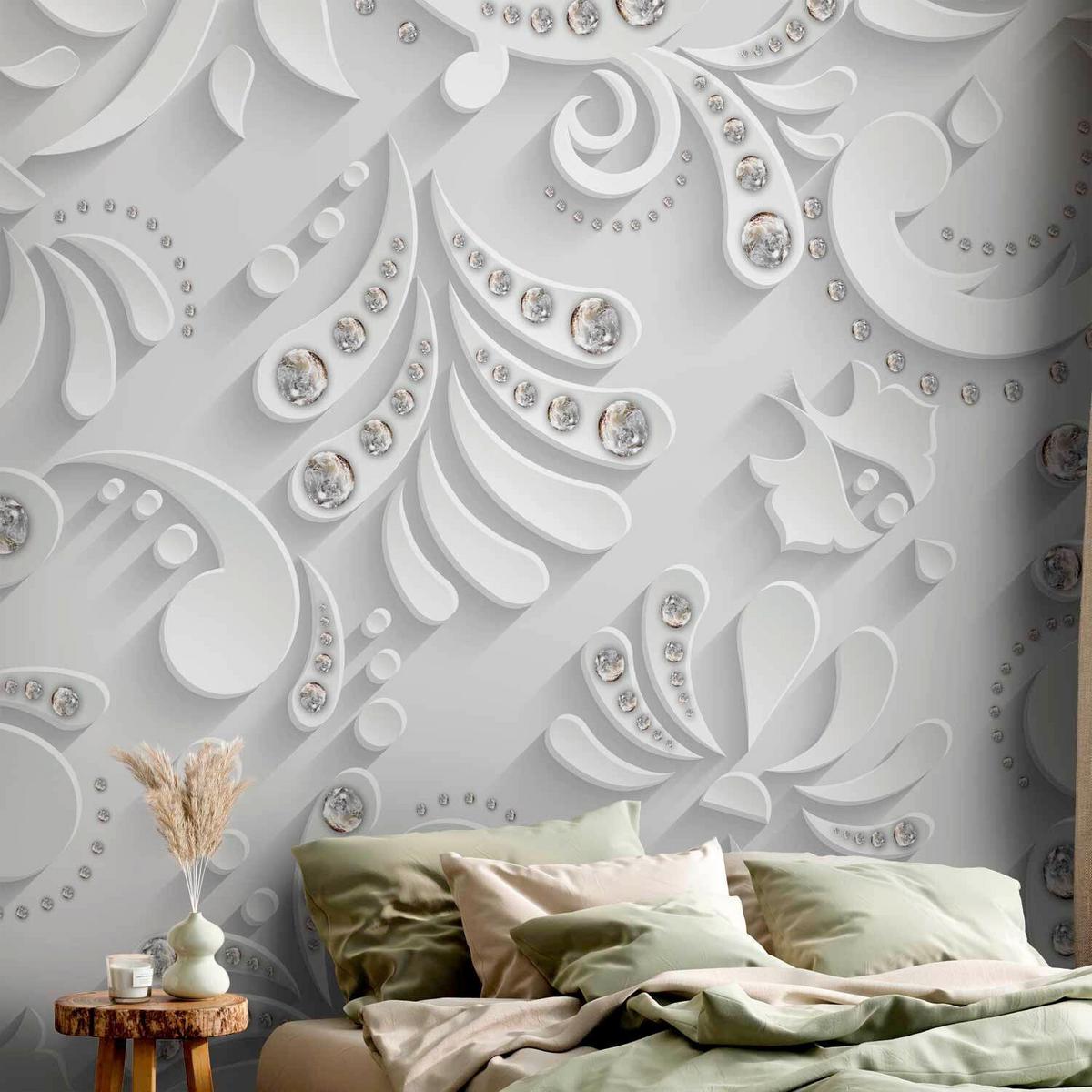 Fotótapéta Flowers With Crystals - ezüstszínű/fehér, Lifestyle, textil (250/175cm) - artgeist