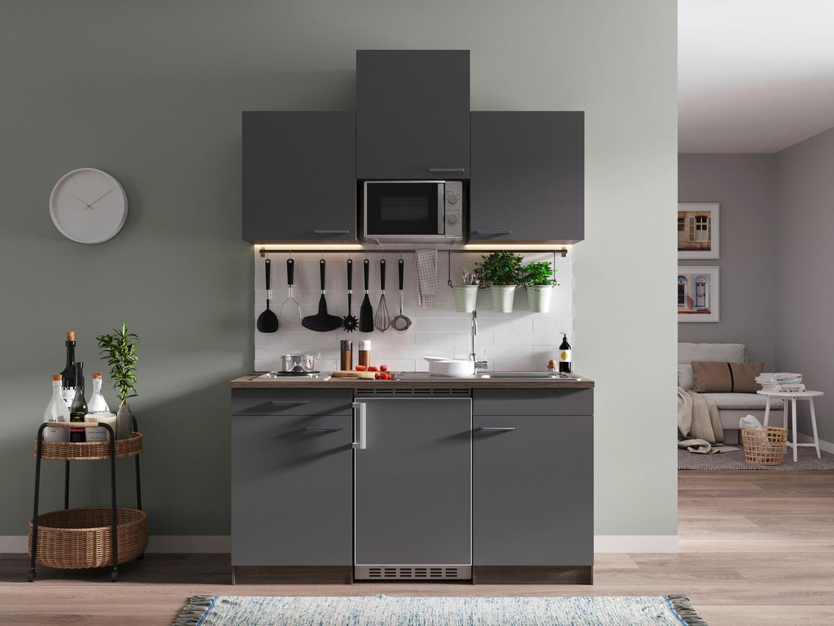Miniküche Oliver mit Geräten ca. 150 cm Grau - Eichefarben/Alufarben, Basics, Holzwerkstoff/Kunststoff (150cm) - Respekta